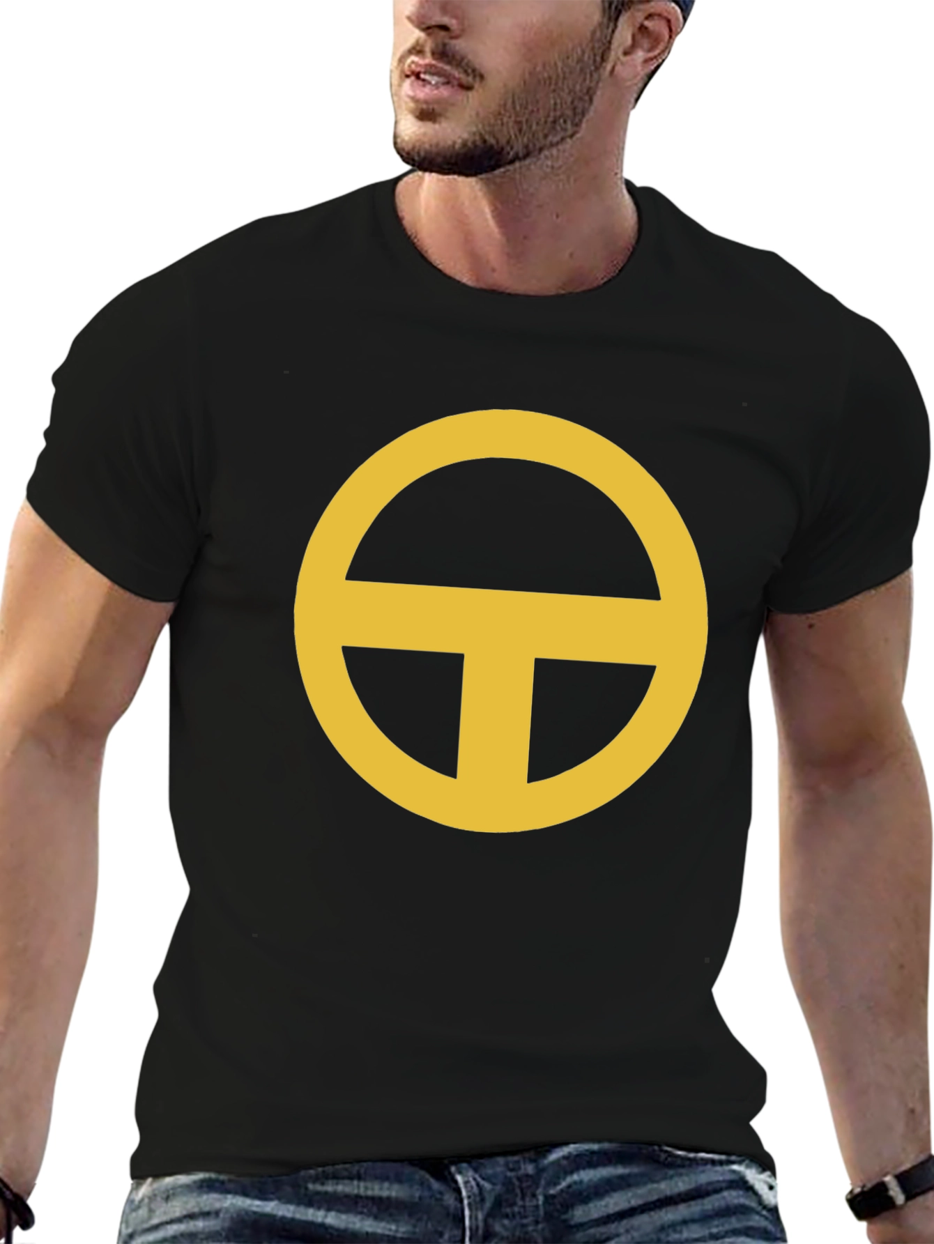 Minimalist Gold Circle-T Graphic Black T-Shirt
