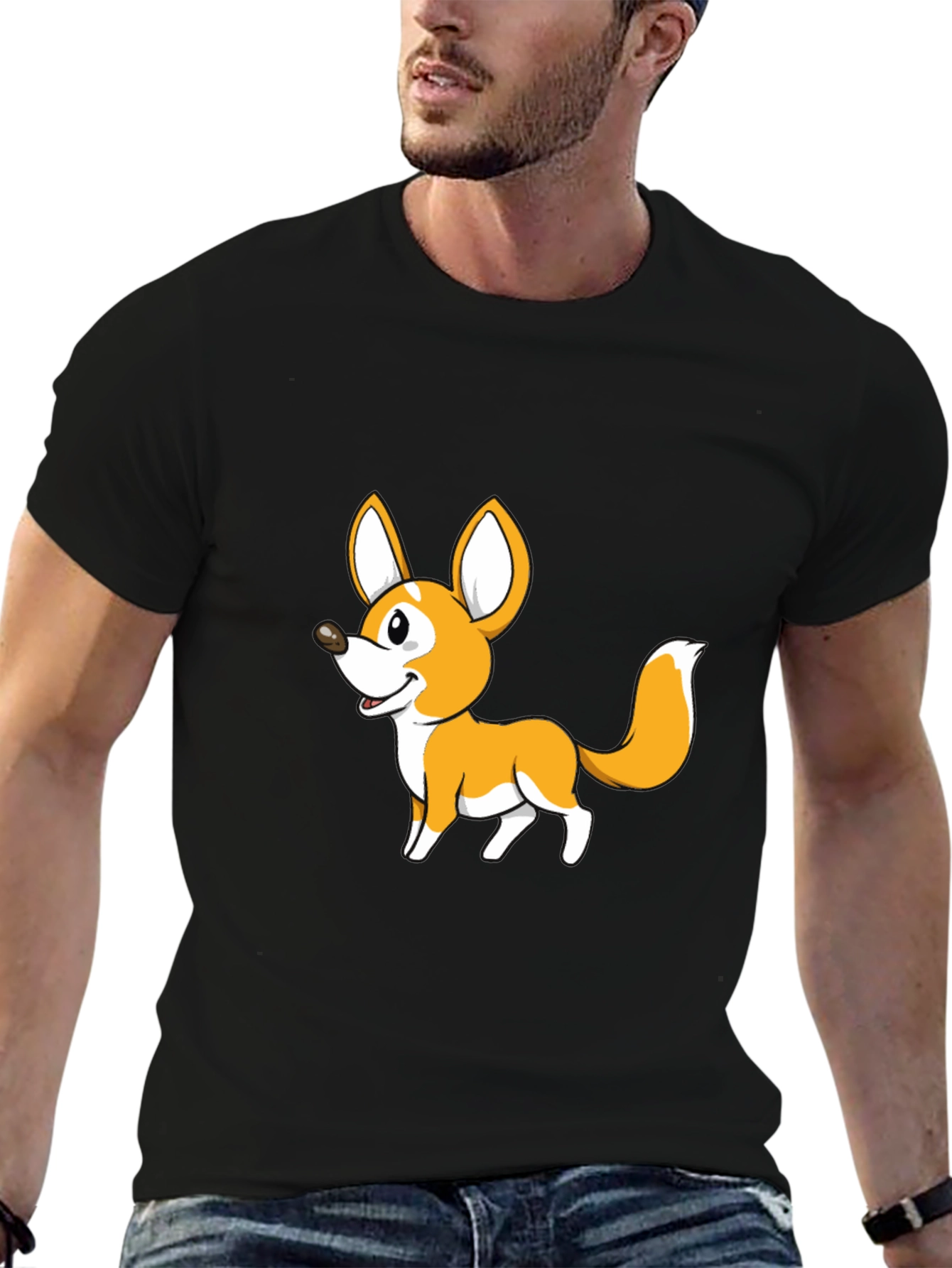 Cute Cartoon Fox Graphic Tee - Black