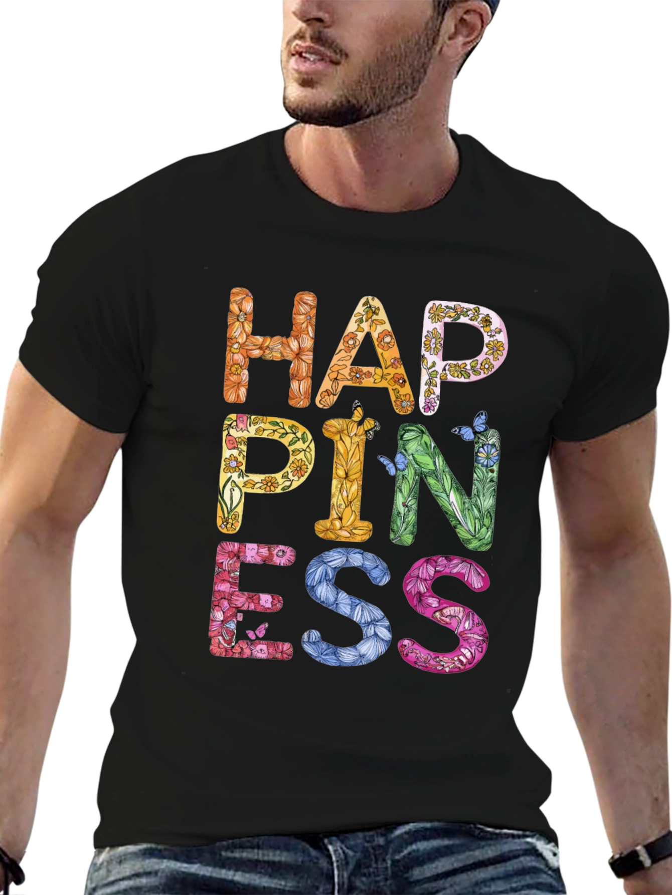 Floral Happiness Graphic Tee - Black Casual T-Shirt