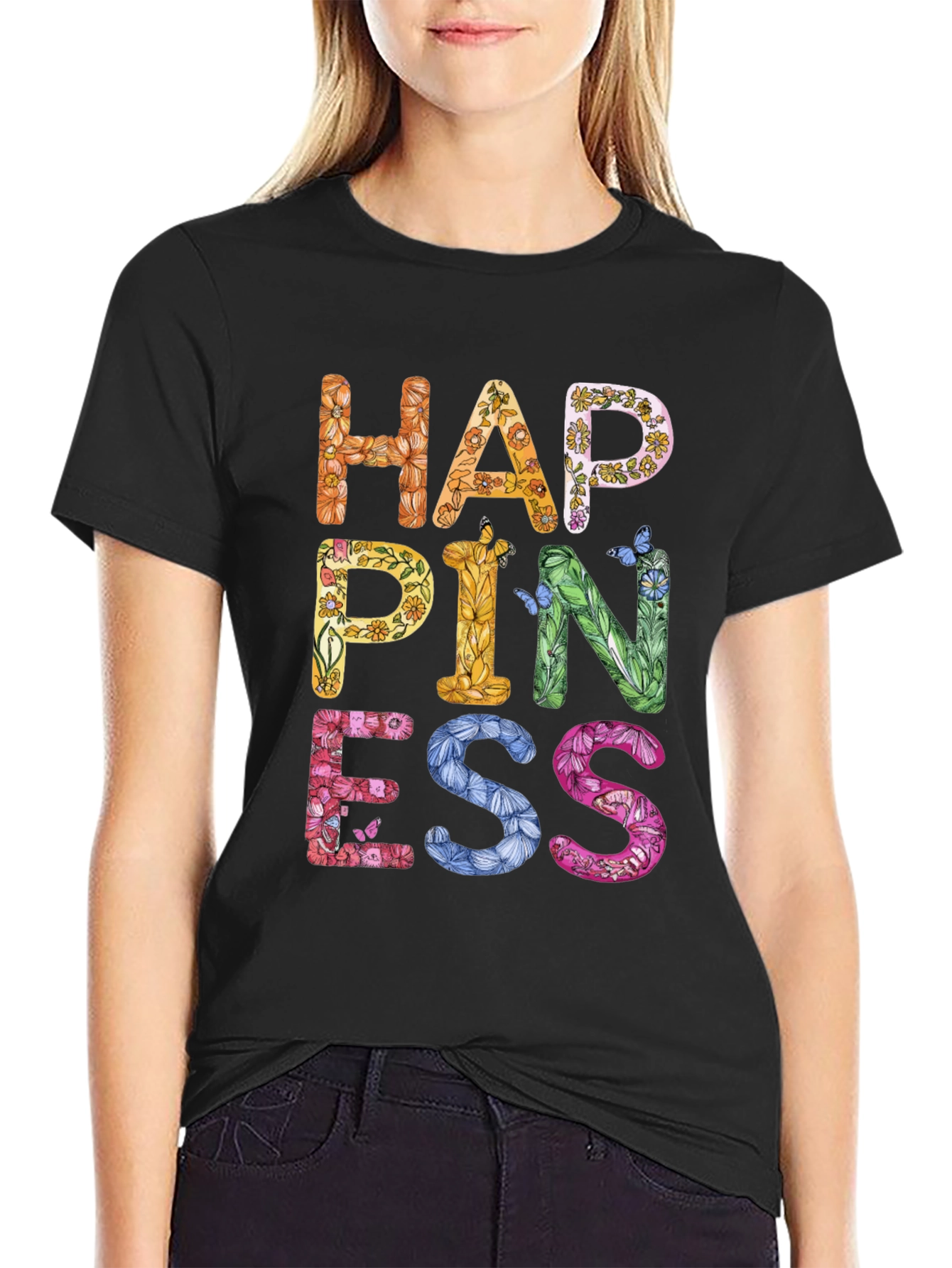 Floral Happiness Graphic Tee - Black Casual T-Shirt