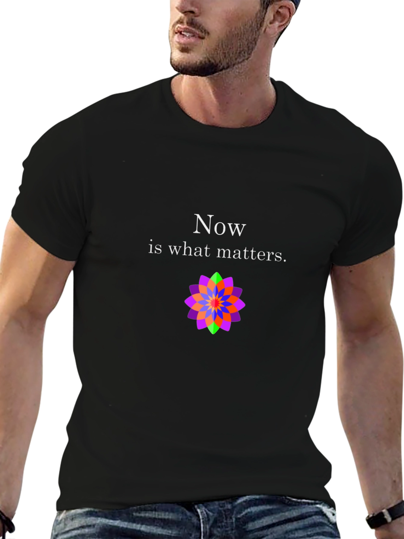Now Matters Black T-Shirt with Flower Design