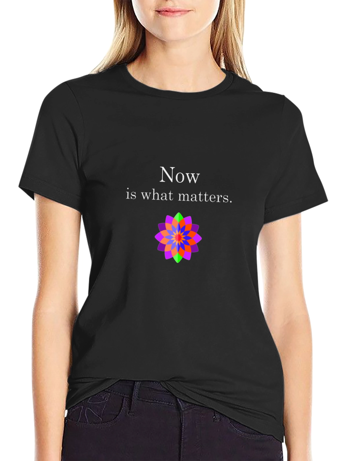 Now Matters Black T-Shirt with Flower Design