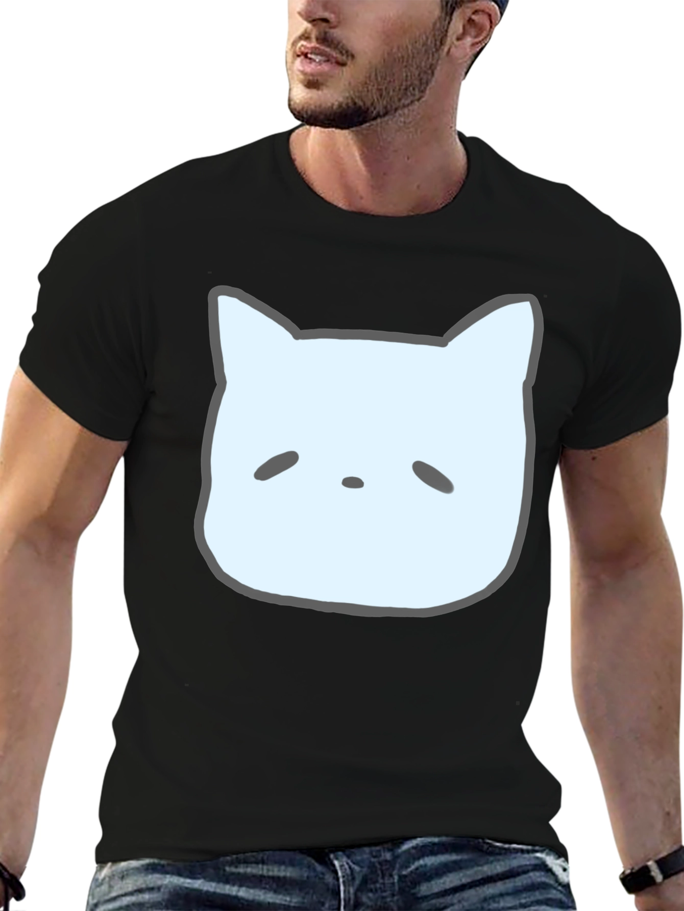 Cute Cat Face Graphic Tee - Casual Black T-Shirt