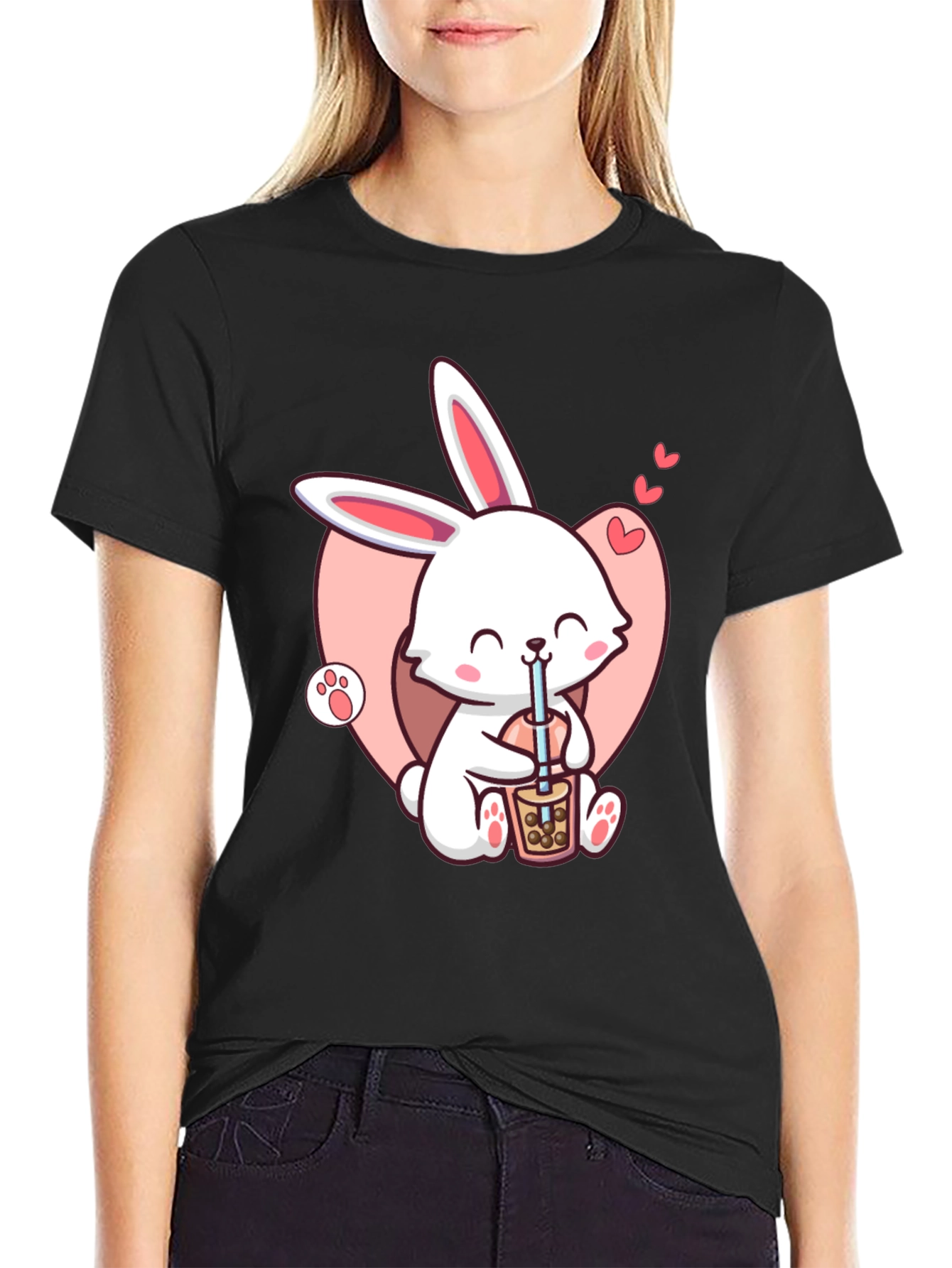 Cute Bunny Boba Black T-Shirt