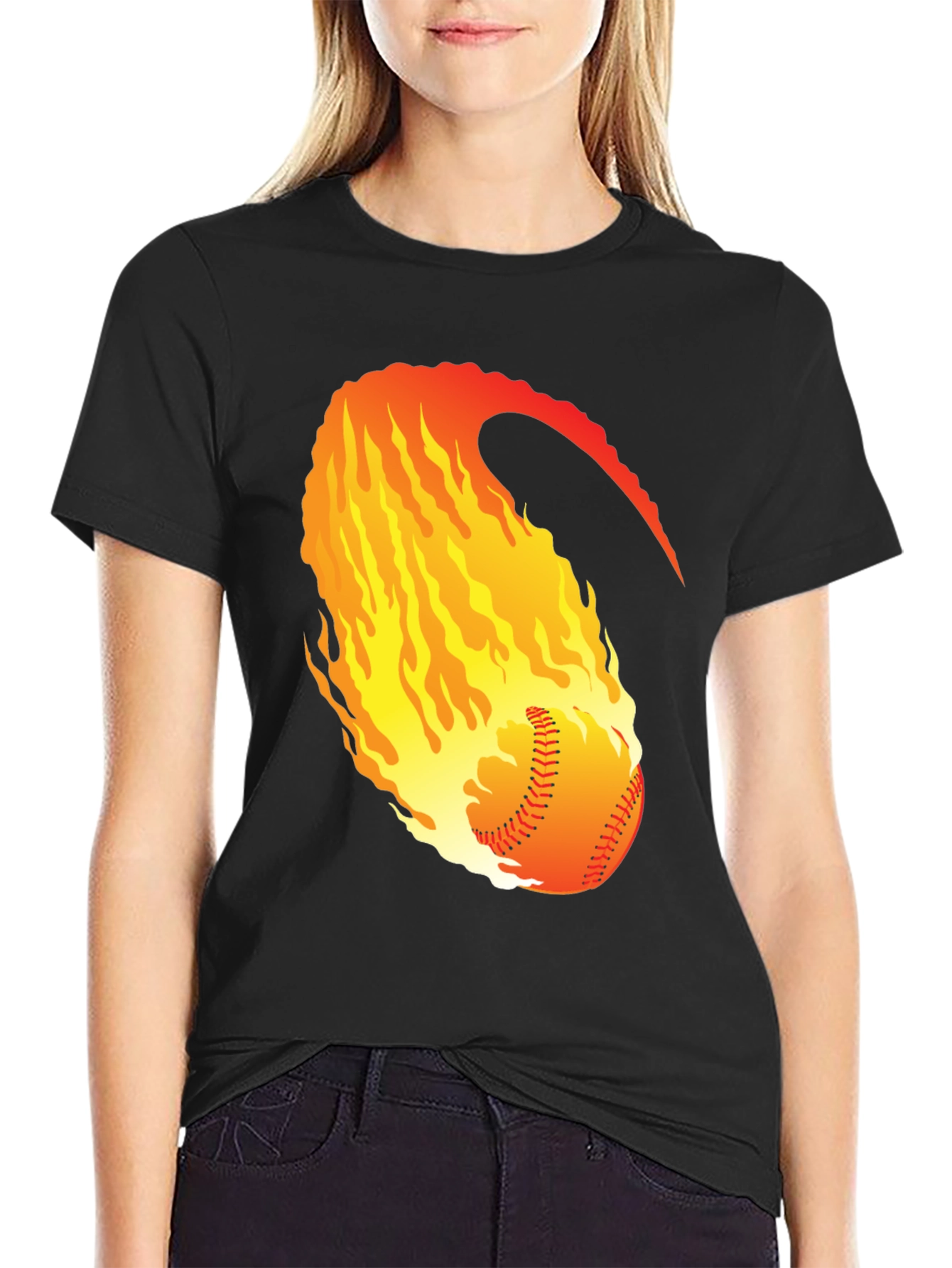 Fiery Baseball Graphic Tee - Black Cotton Shirt