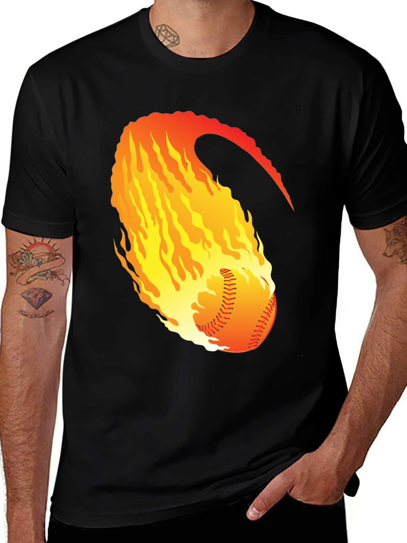 Fiery Baseball Graphic Tee - Black Cotton Shirt