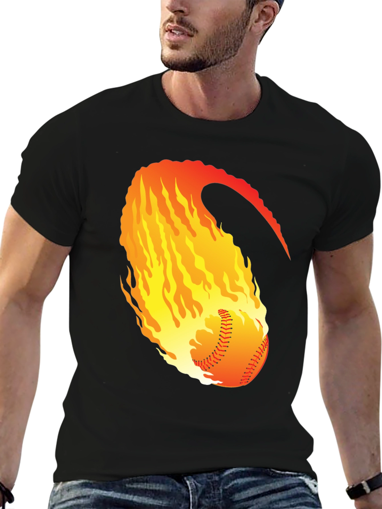 Fiery Baseball Graphic Tee - Black Cotton Shirt