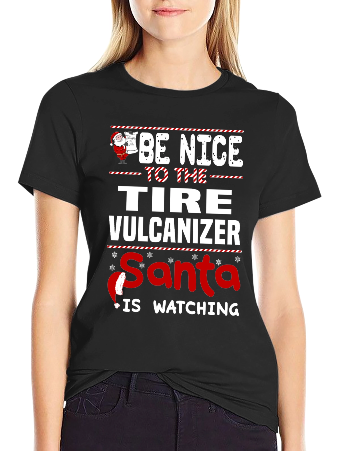 Funny Tire Vulcanizer Santa Watching Christmas T-Shirt