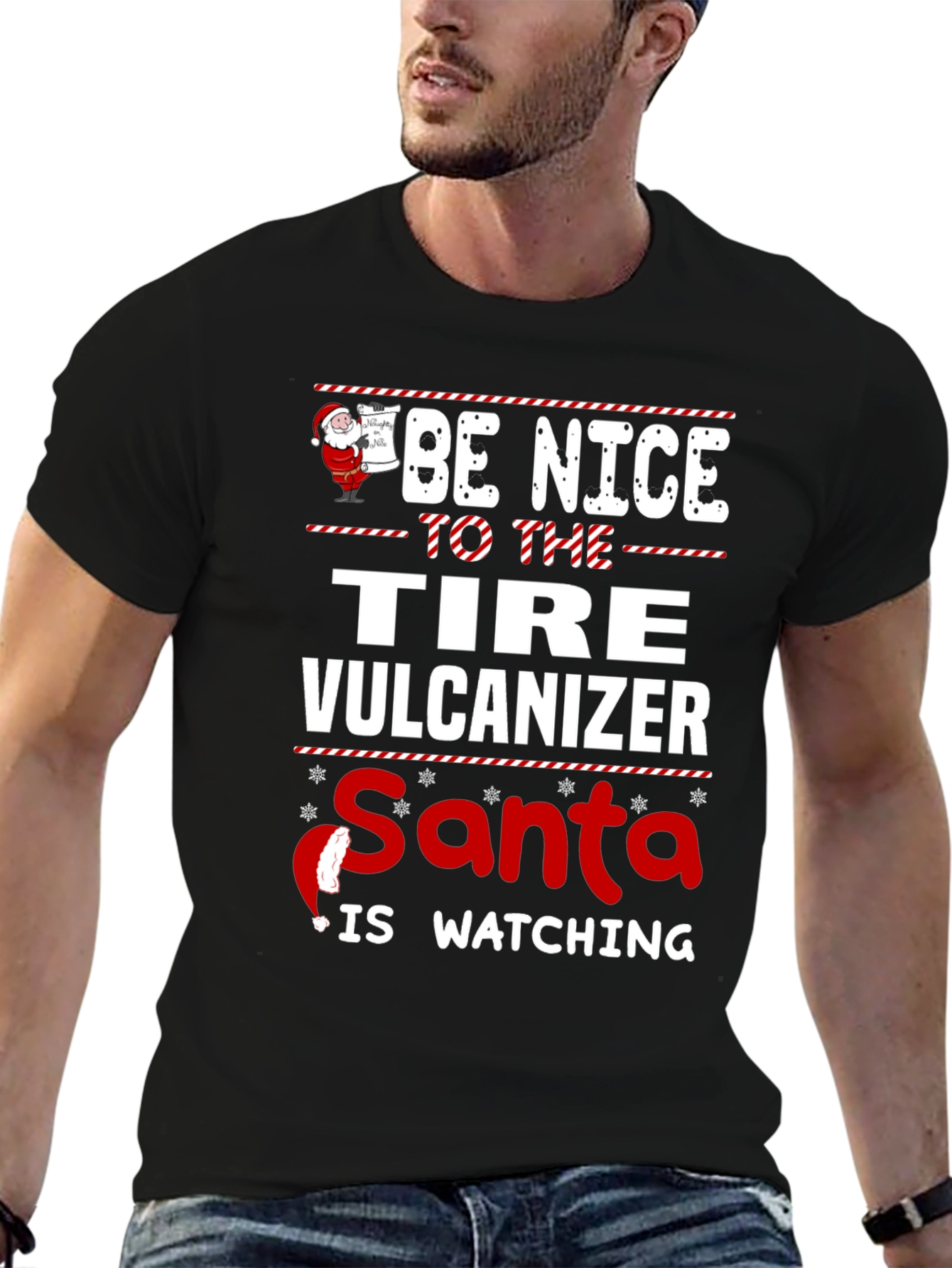 Funny Tire Vulcanizer Santa Watching Christmas T-Shirt