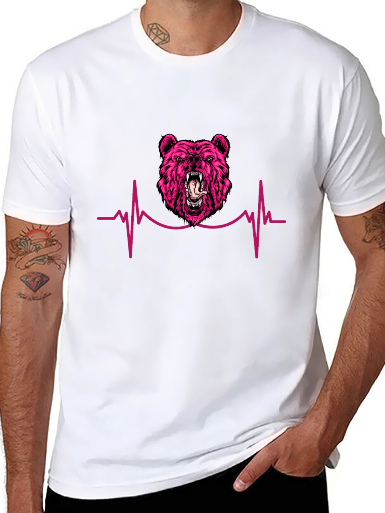 Pink Bear Heartbeat Black T-Shirt