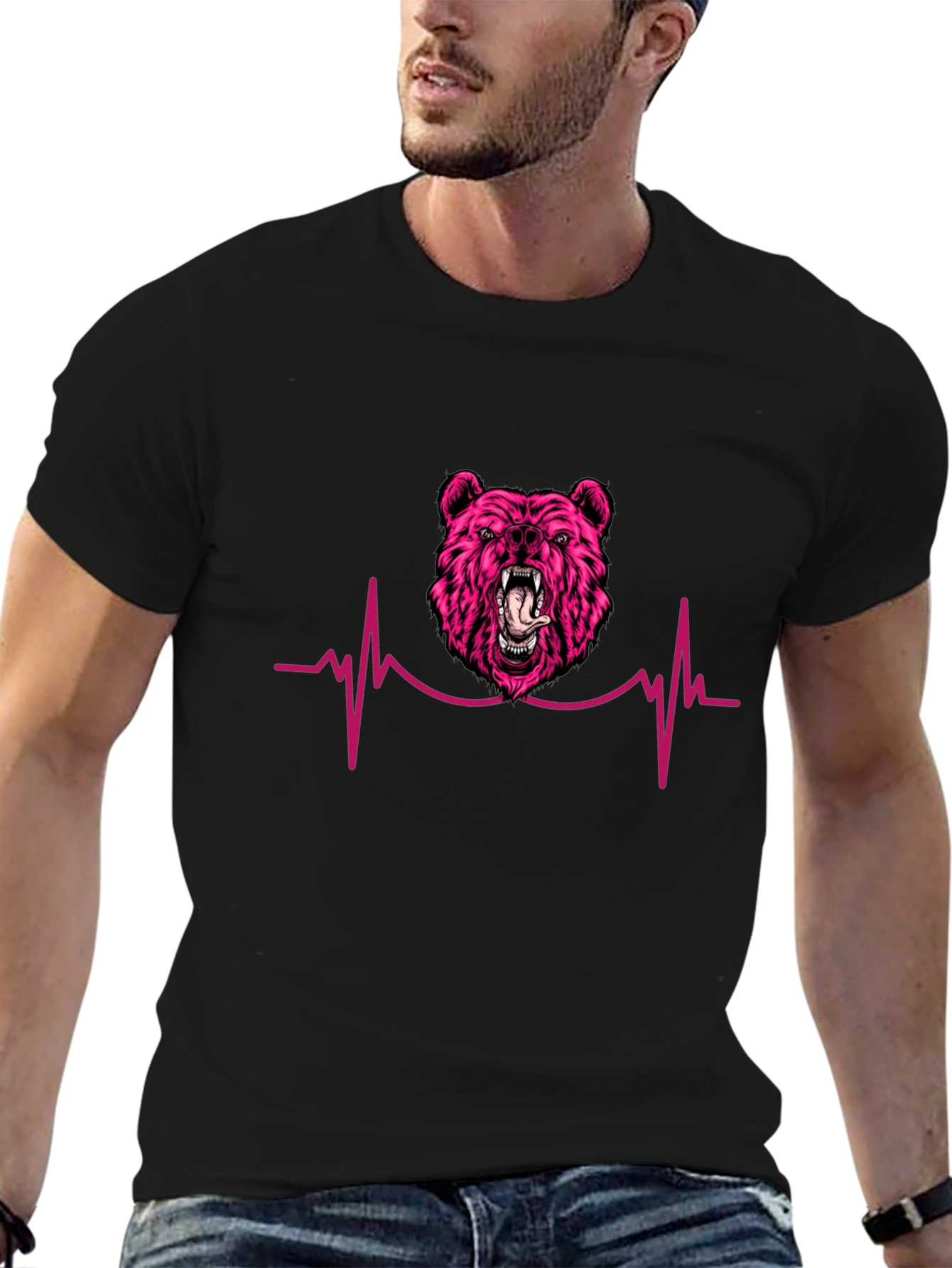 Pink Bear Heartbeat Black T-Shirt