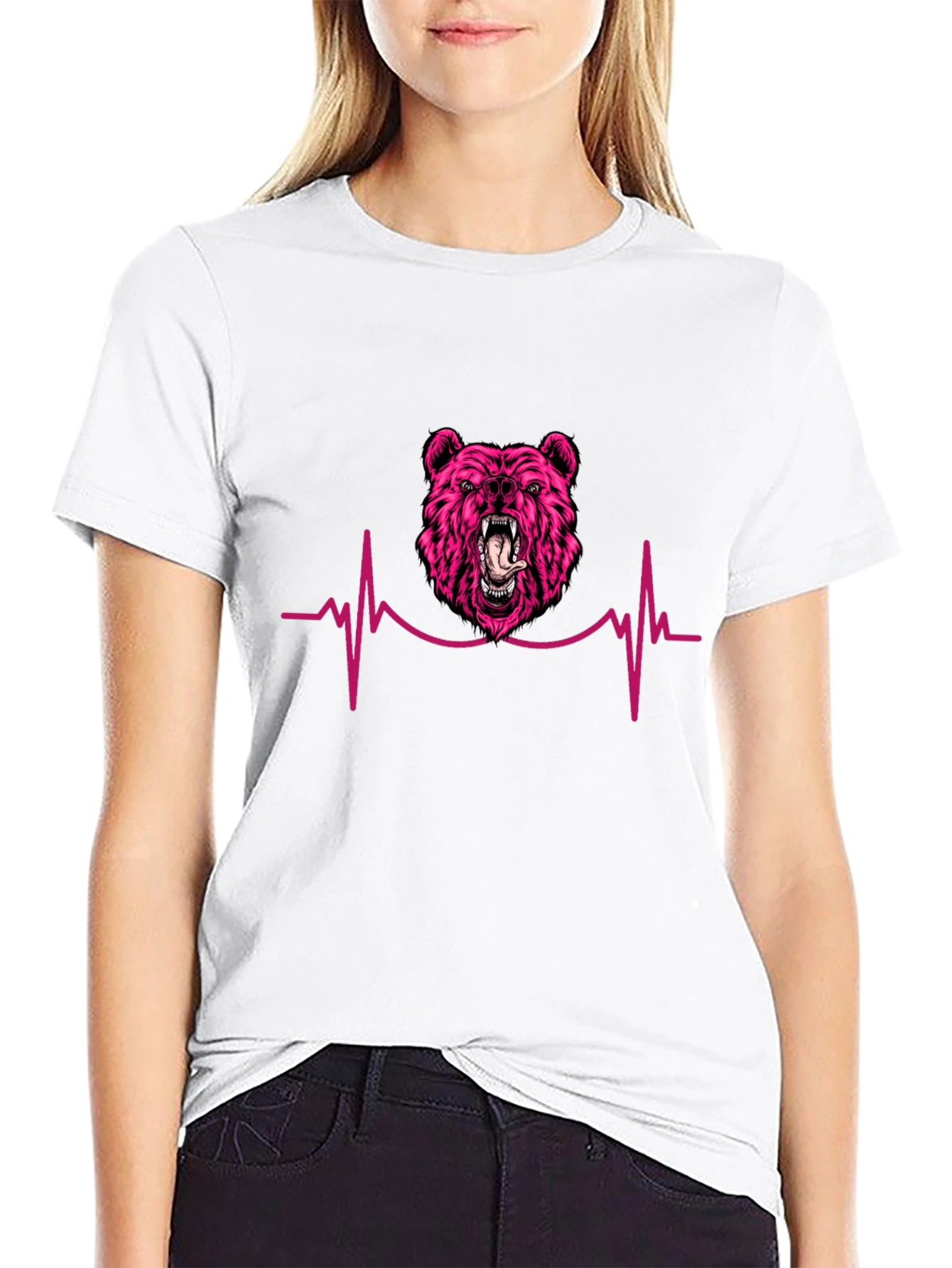 Pink Bear Heartbeat Black T-Shirt