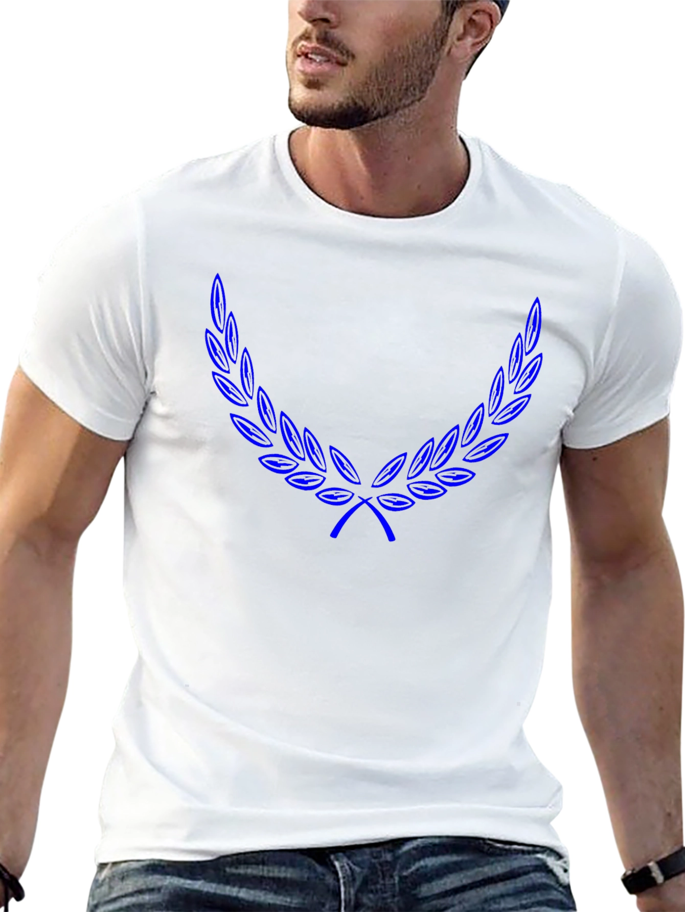 Black T-Shirt with Blue Laurel Wreath Design
