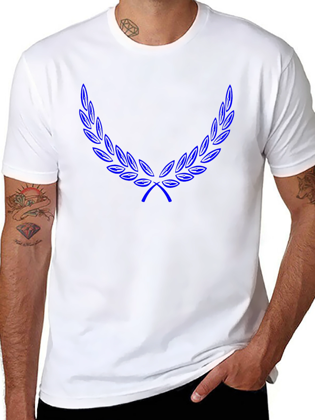 Black T-Shirt with Blue Laurel Wreath Design