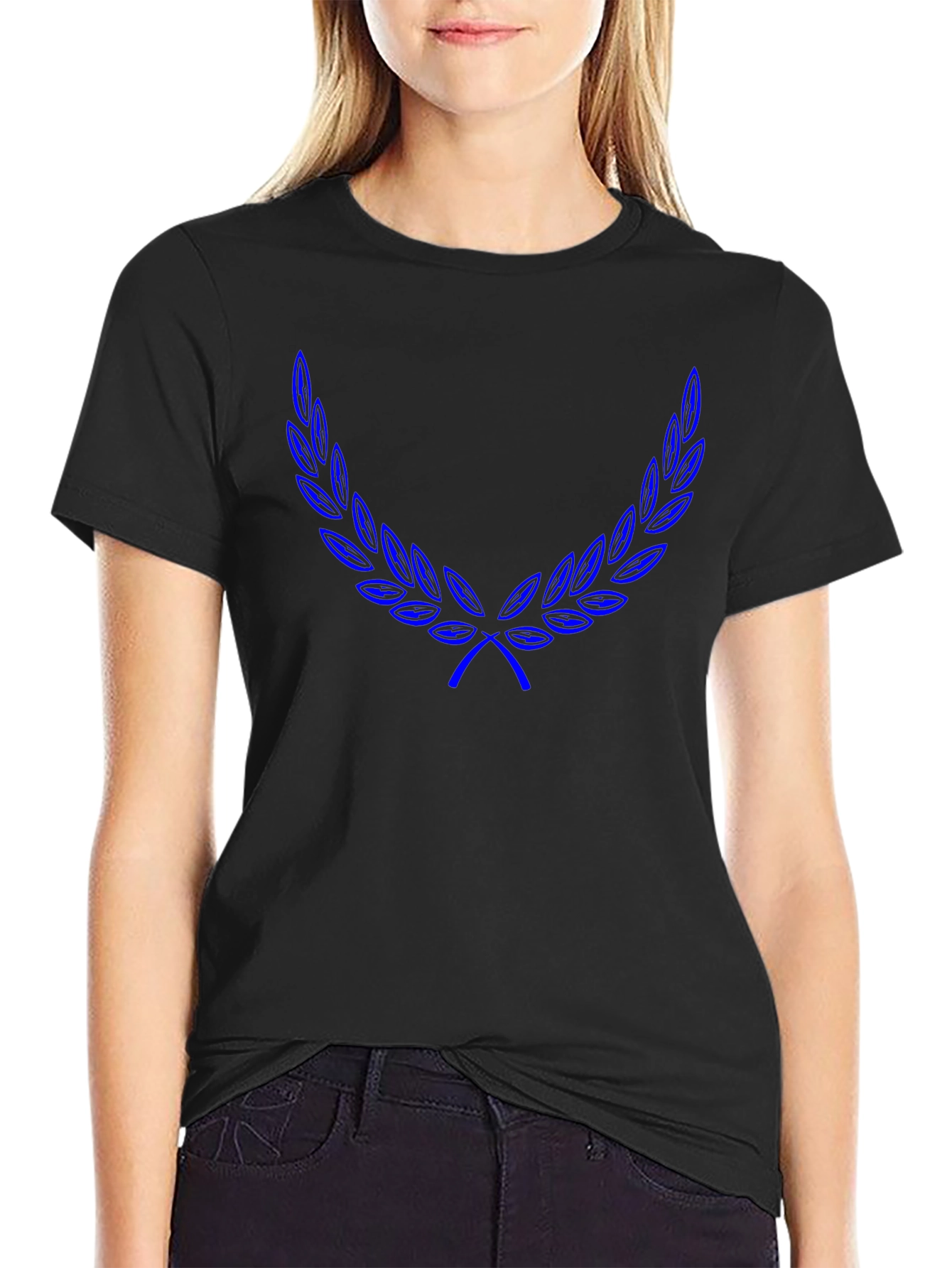 Black T-Shirt with Blue Laurel Wreath Design