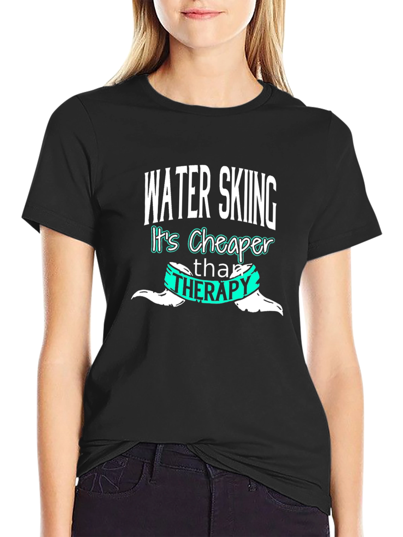 Water Skiing Cheaper Than Therapy Black T-Shirt