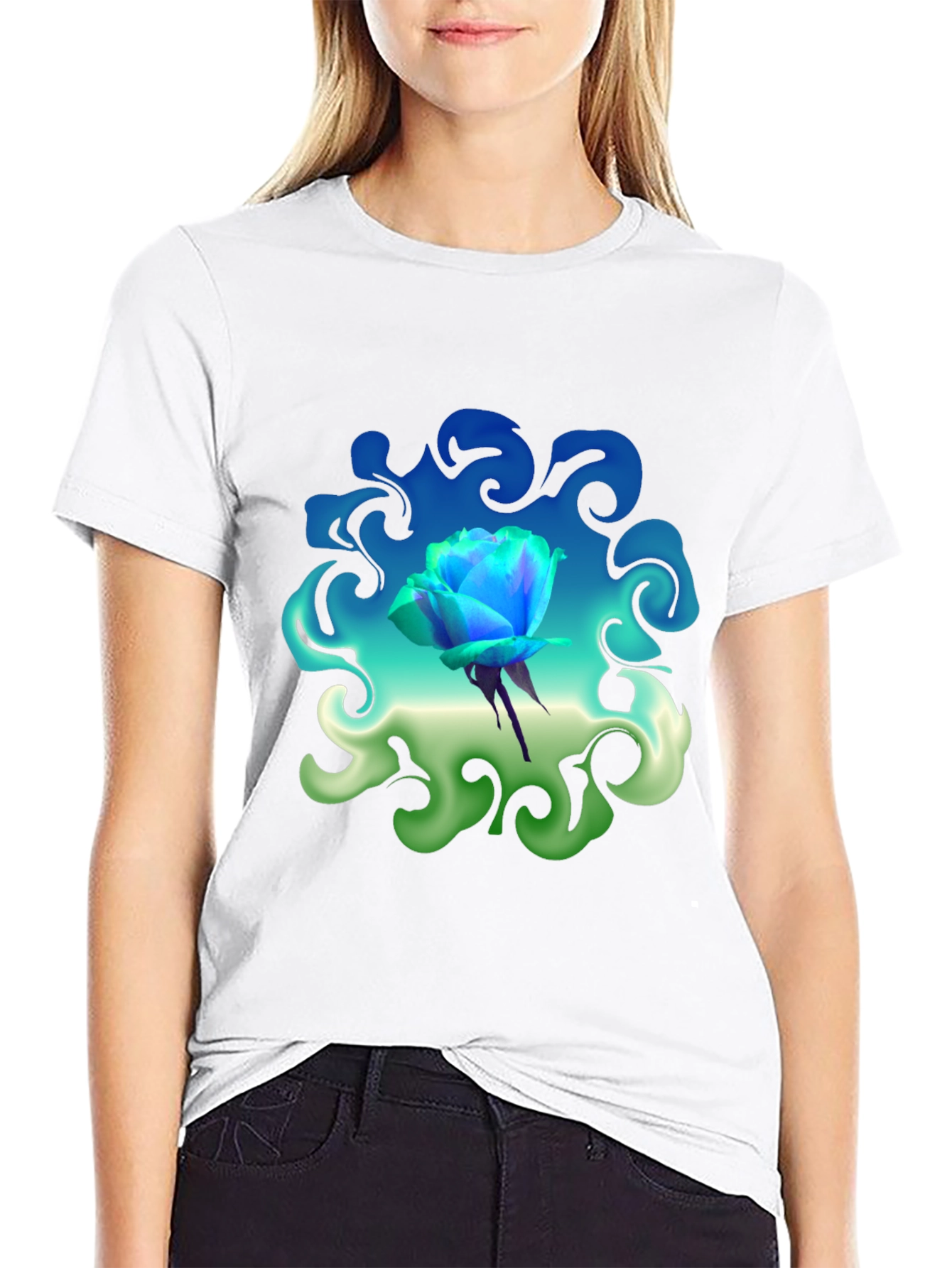 Blue Rose Graphic T-Shirt: Artistic Floral Design