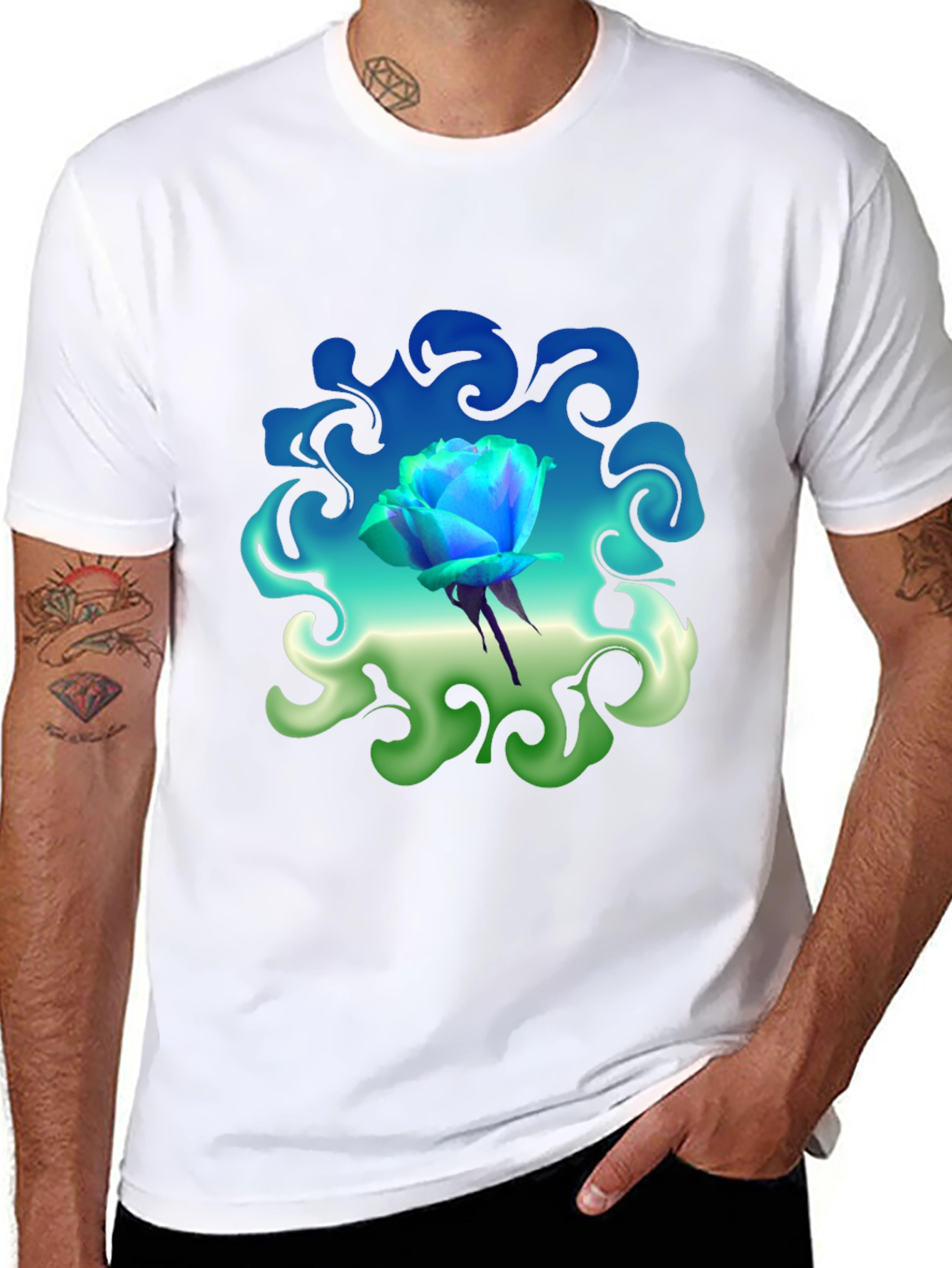 Blue Rose Graphic T-Shirt: Artistic Floral Design