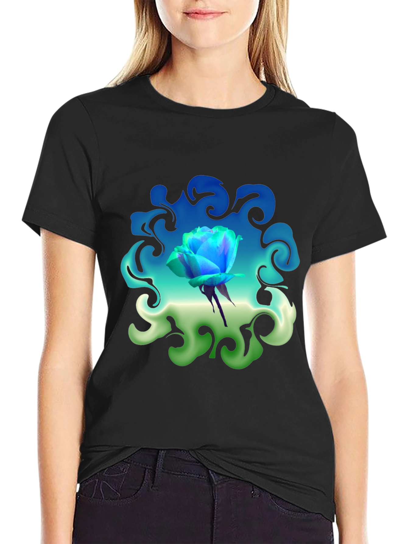 Blue Rose Graphic T-Shirt: Artistic Floral Design