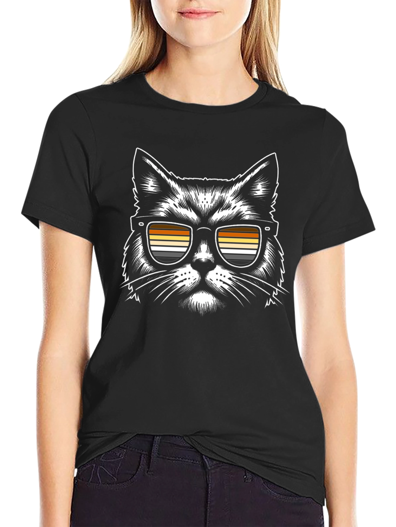 Cool Cat T-Shirt - Retro Striped Sunglasses