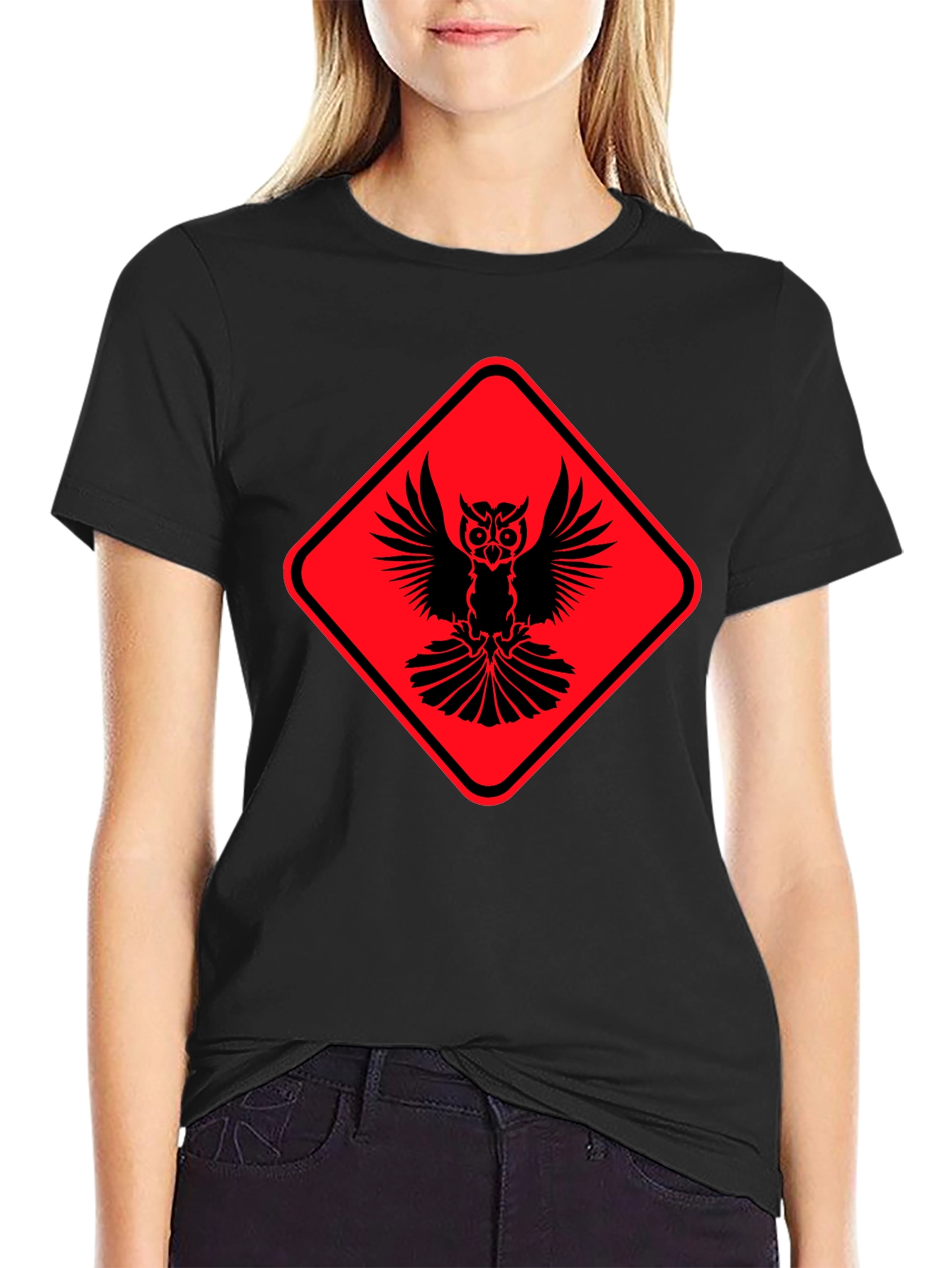 Owl Warning Sign Black T-Shirt