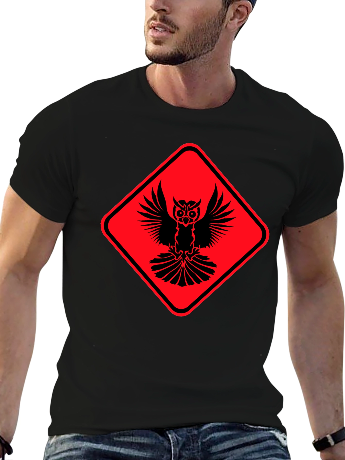 Owl Warning Sign Black T-Shirt