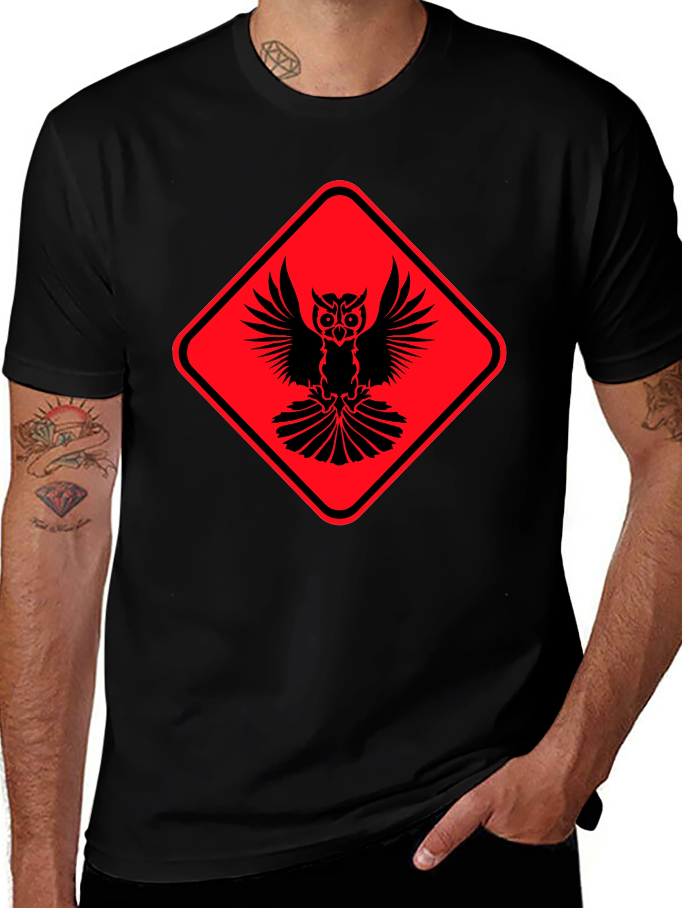 Owl Warning Sign Black T-Shirt