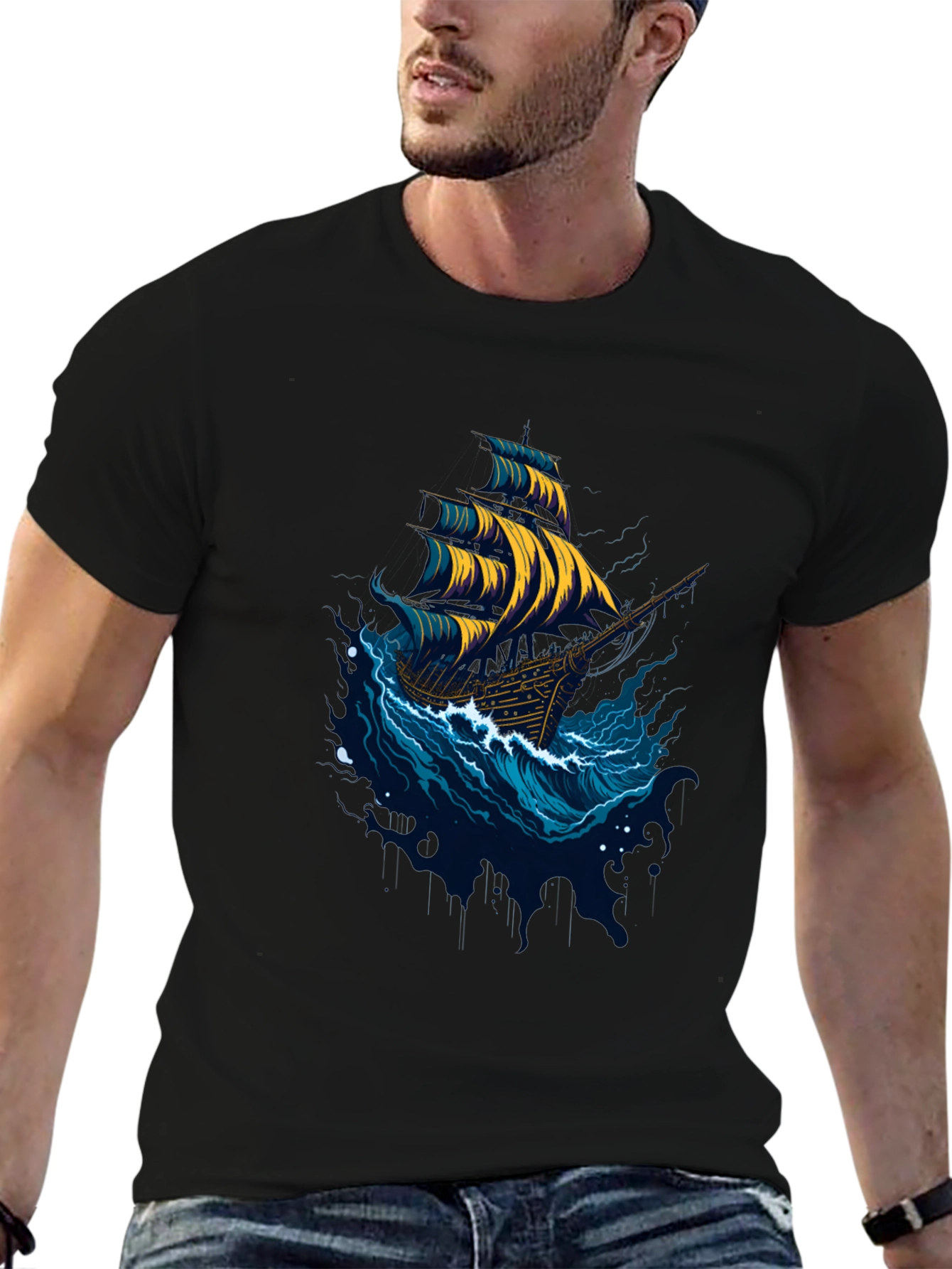 Nautical Ship Graphic Tee - Black Cotton T-Shirt