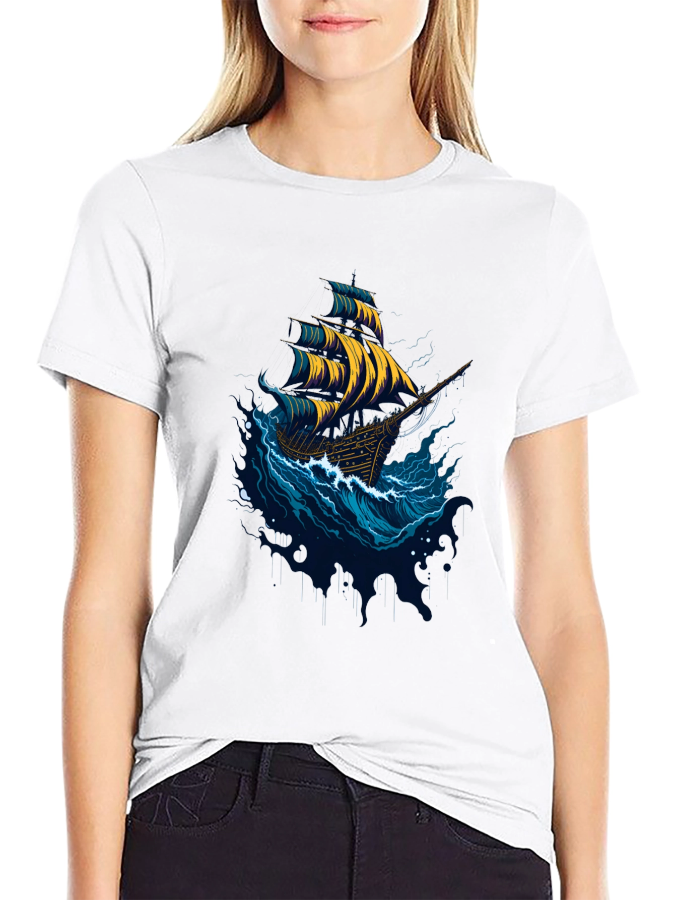 Nautical Ship Graphic Tee - Black Cotton T-Shirt