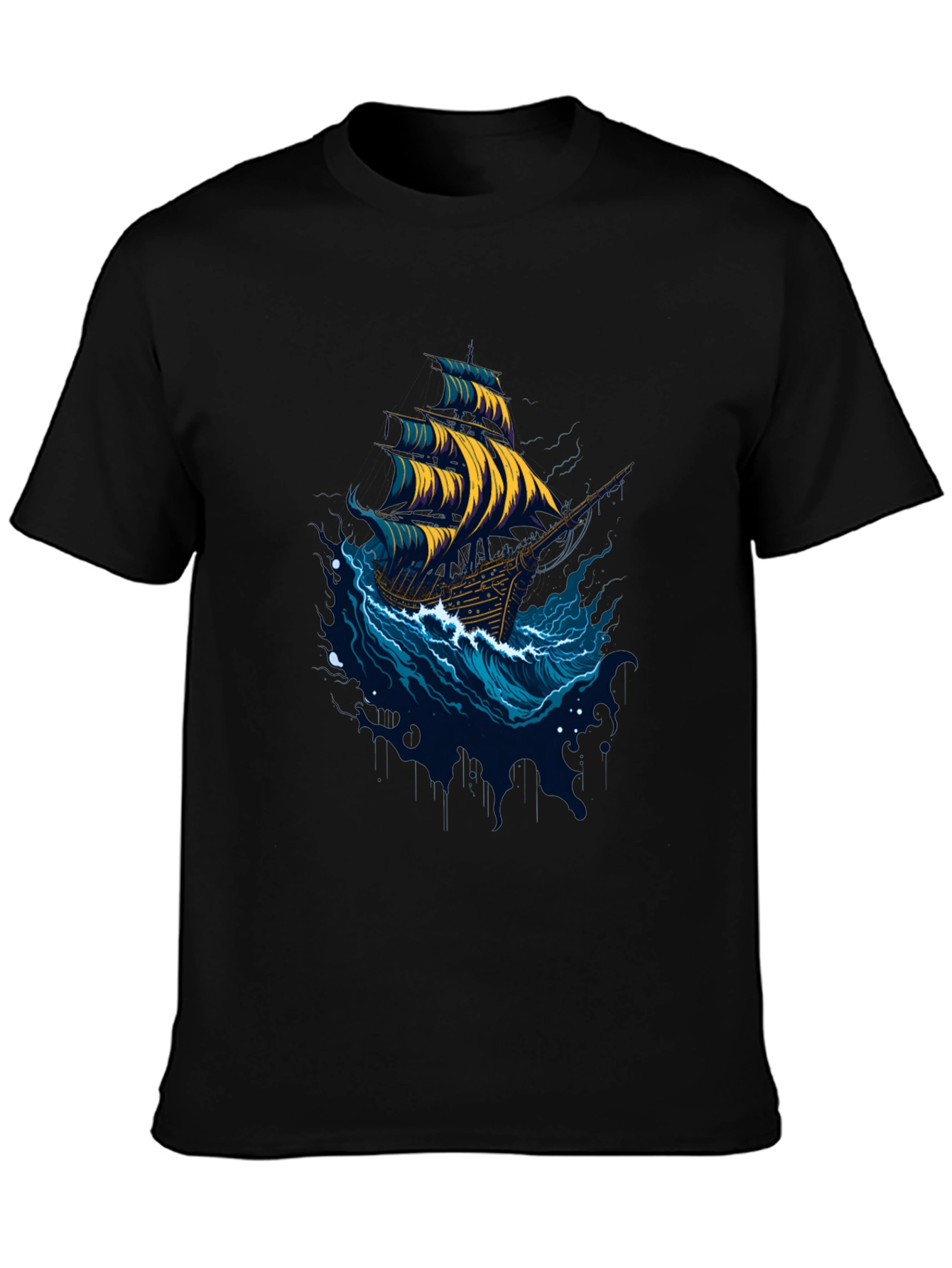 Nautical Ship Graphic Tee - Black Cotton T-Shirt