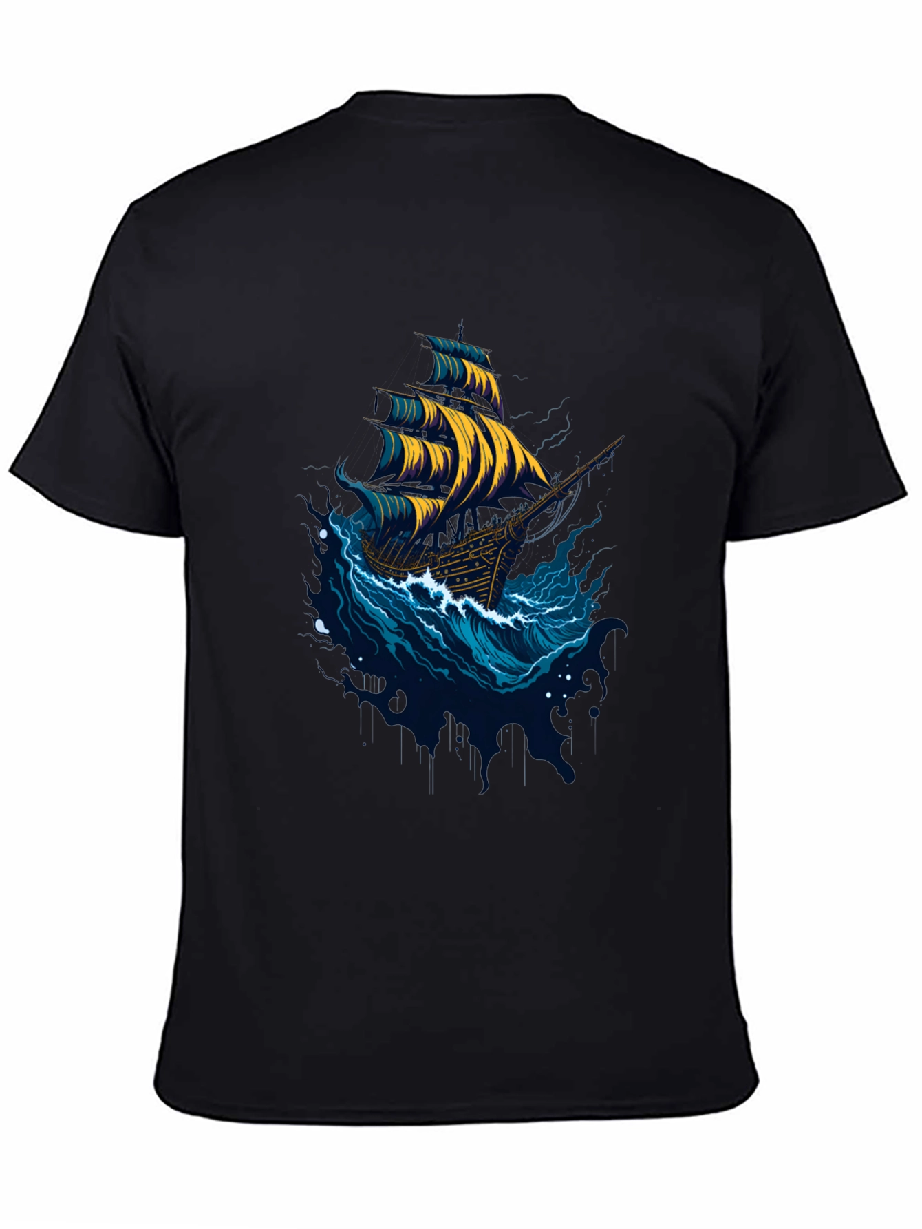 Nautical Ship Graphic Tee - Black Cotton T-Shirt