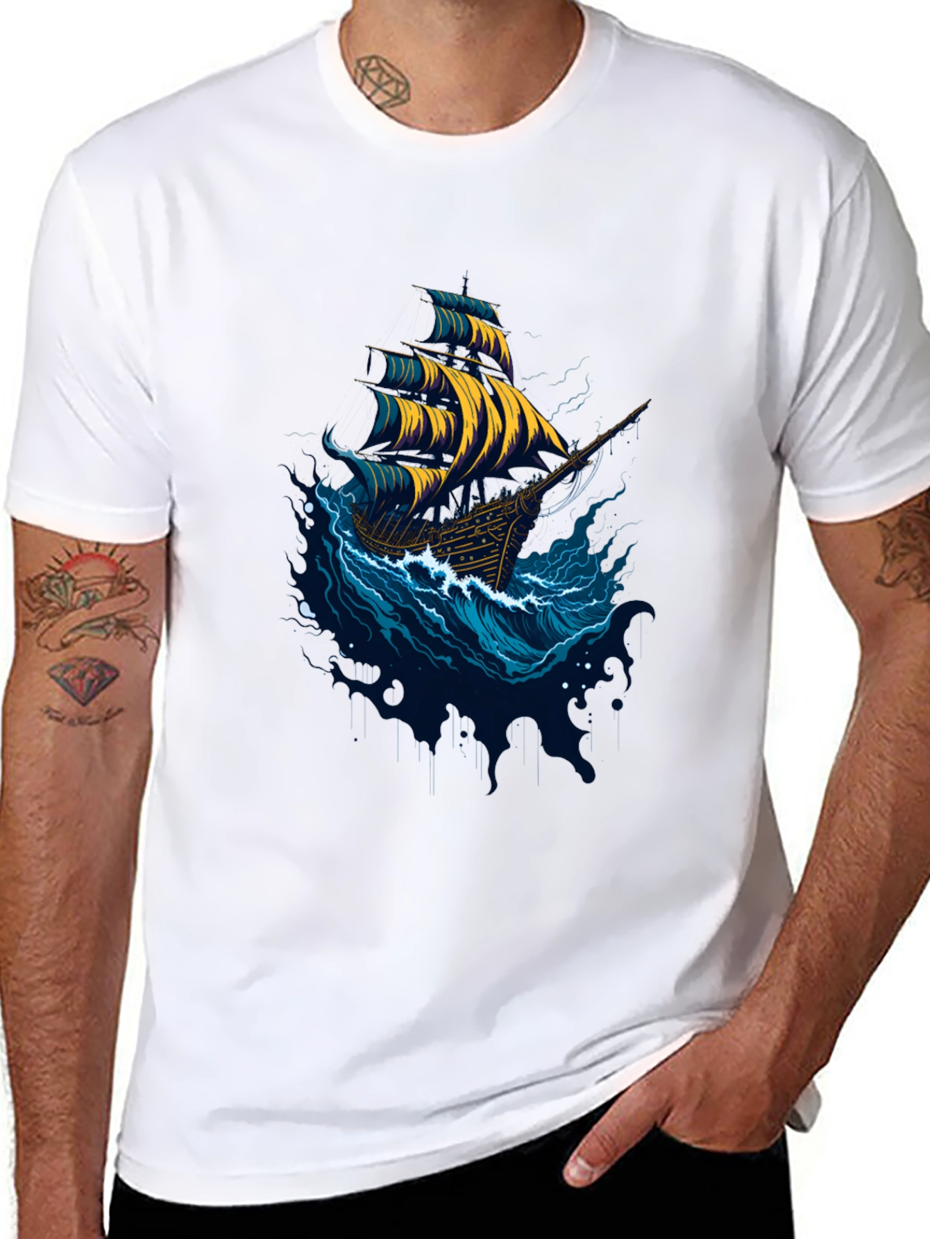 Nautical Ship Graphic Tee - Black Cotton T-Shirt