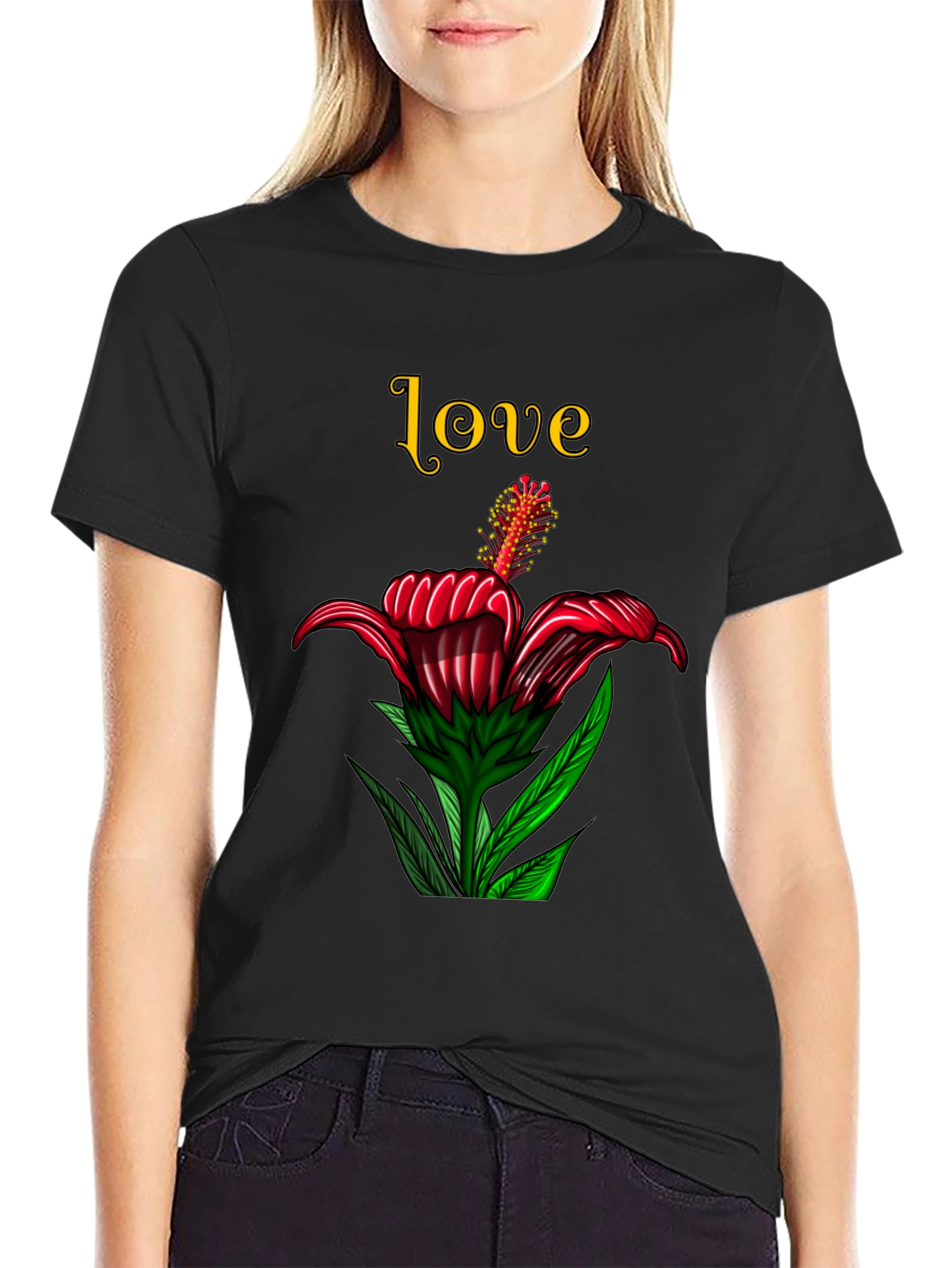 Love Floral Print Black T-Shirt