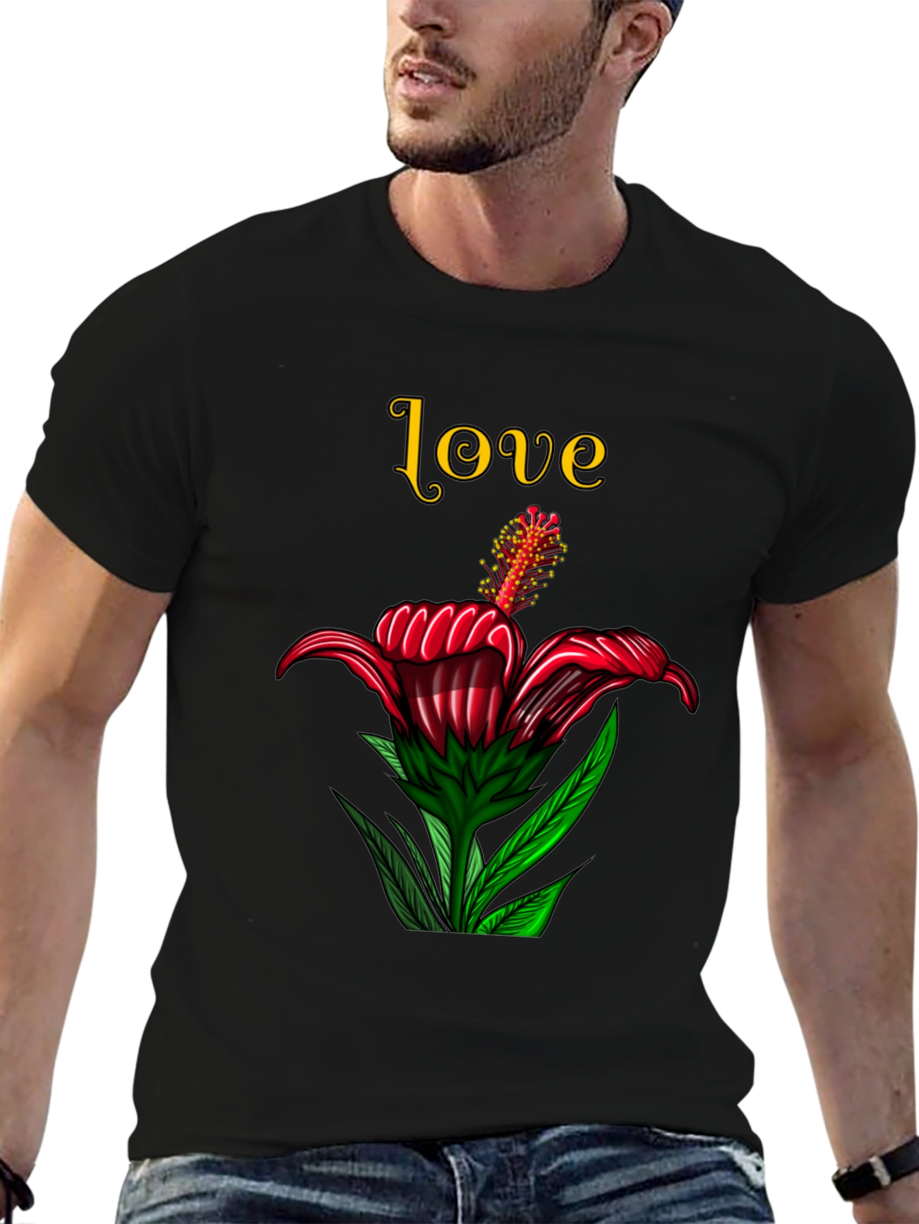 Love Floral Print Black T-Shirt