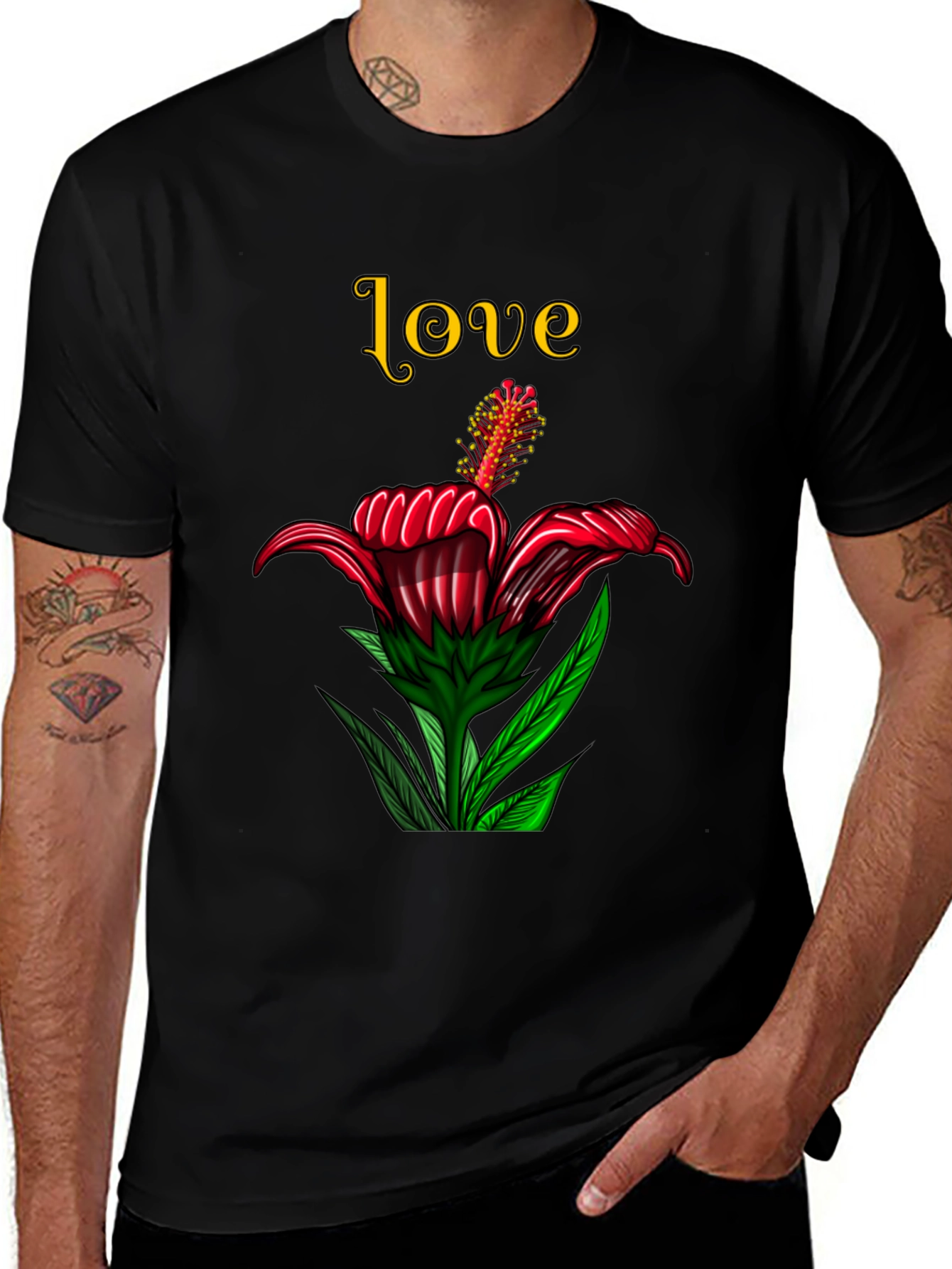 Love Floral Print Black T-Shirt