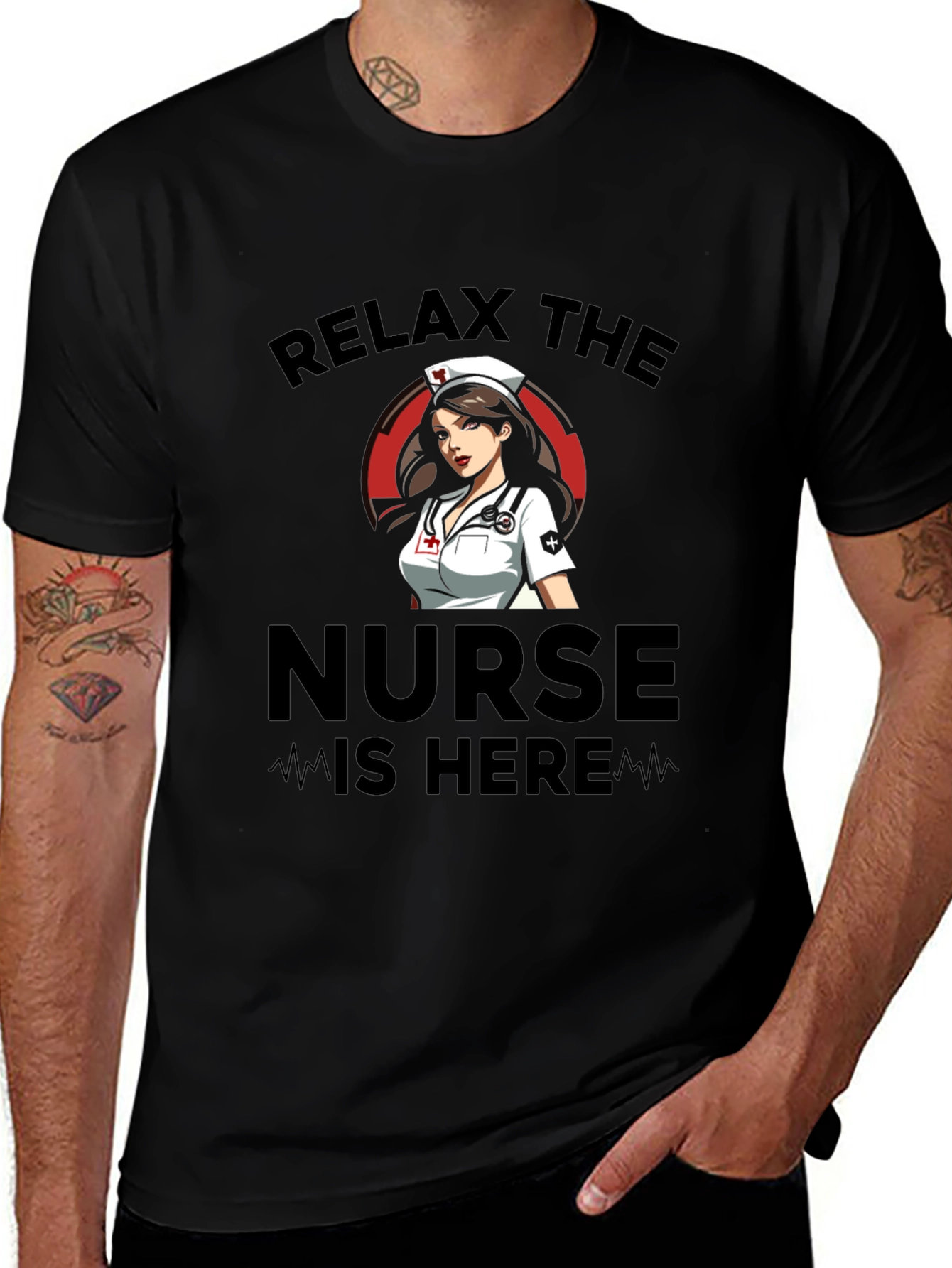 Relax The Nurse Is Here Black Graphic T-Shirt