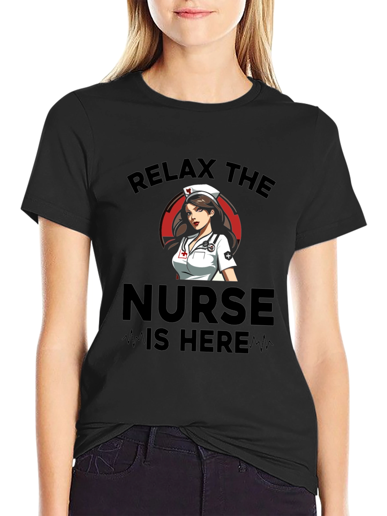 Relax The Nurse Is Here Black Graphic T-Shirt