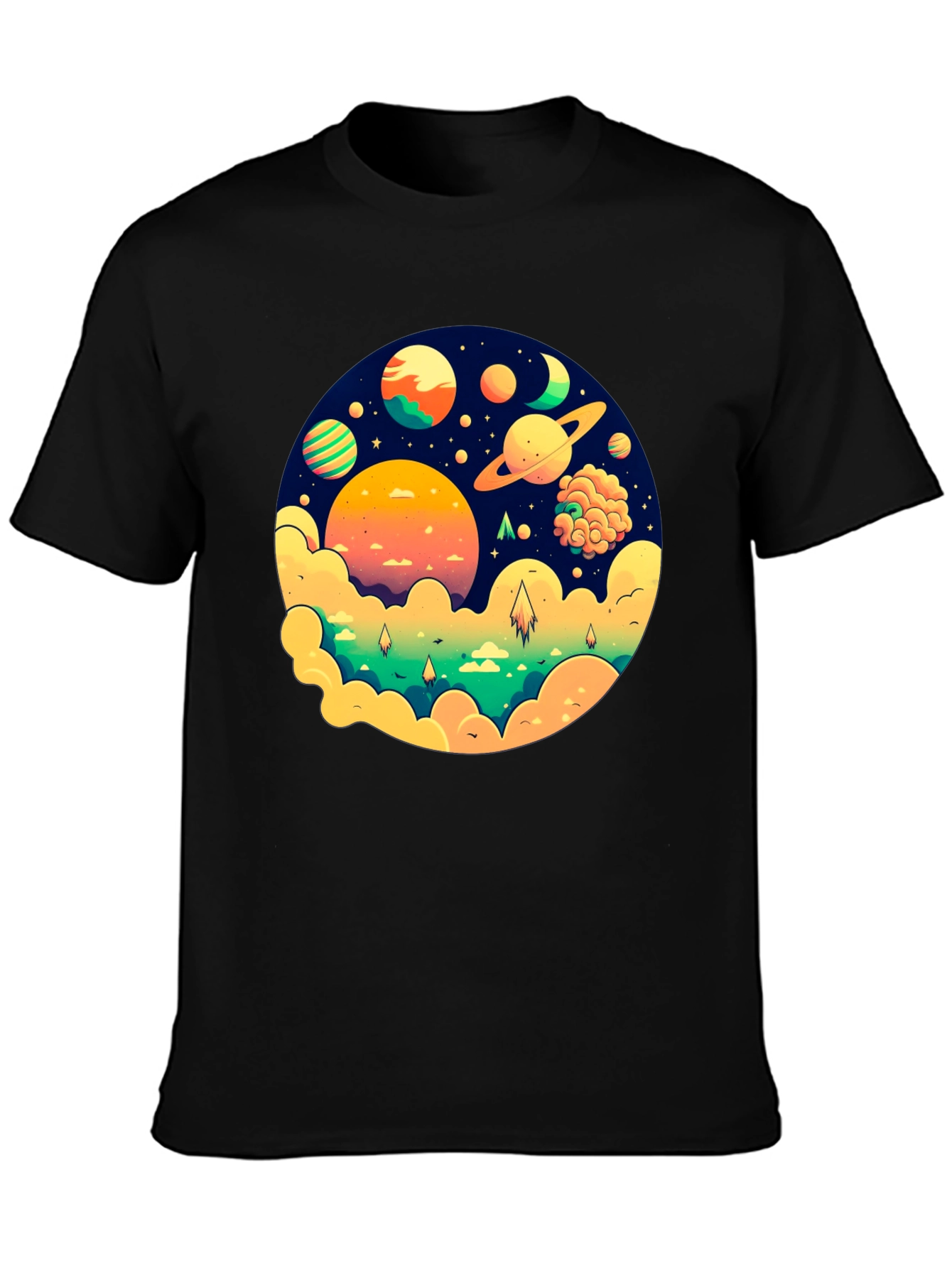 Cosmic Dreams Black T-Shirt - Space Planet Design