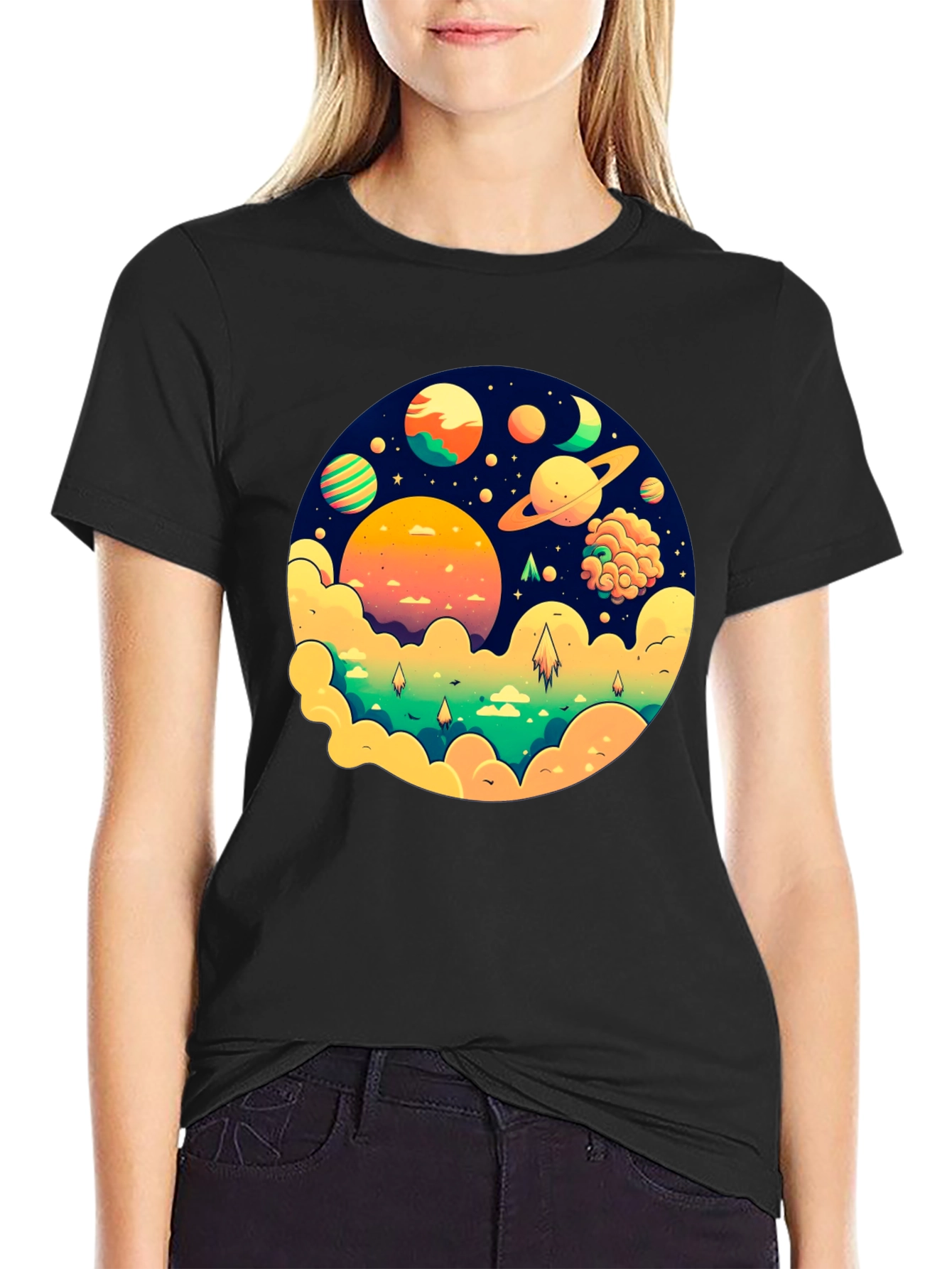 Cosmic Dreams Black T-Shirt - Space Planet Design