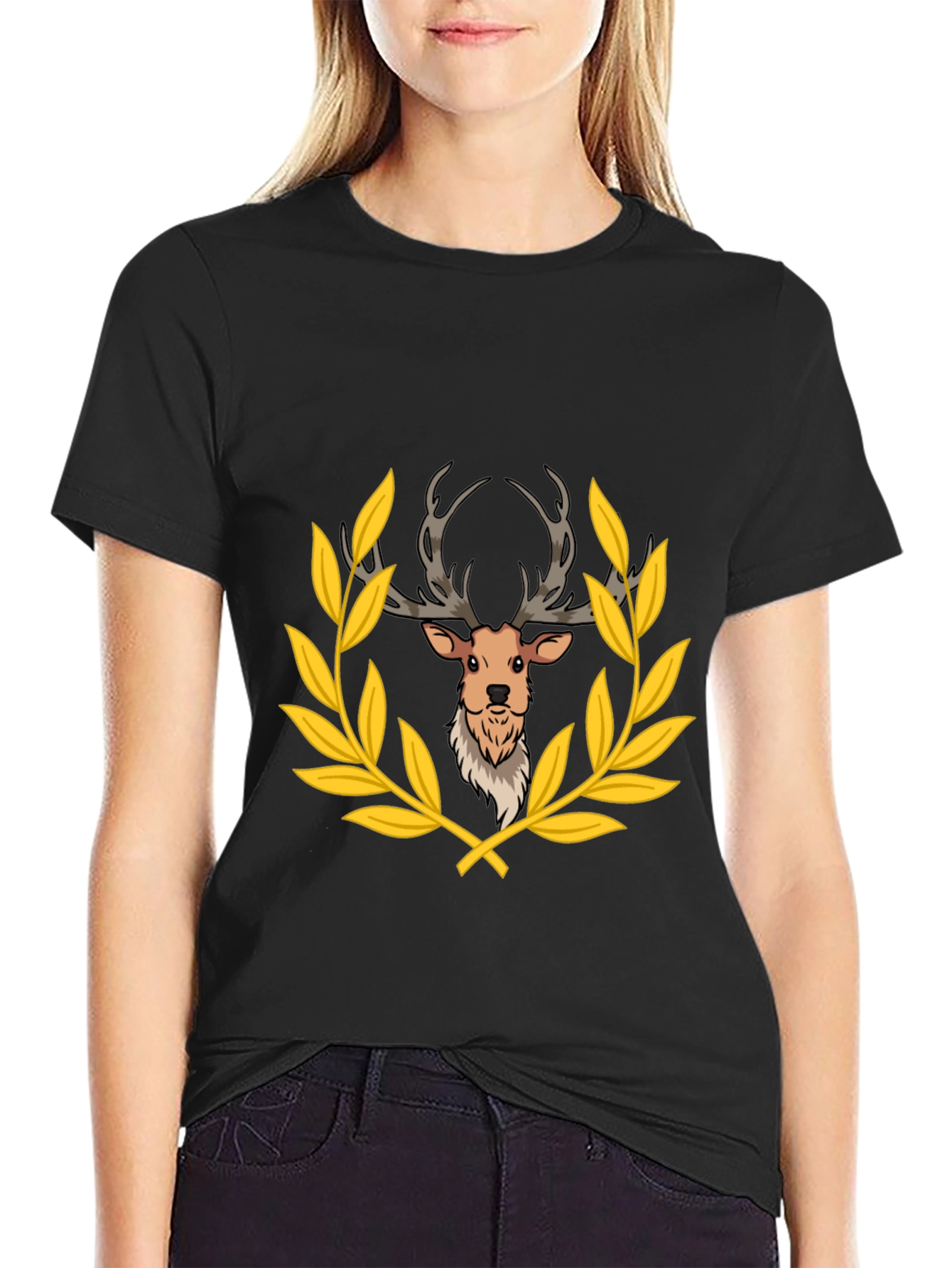 Deer Laurel Wreath Black T-Shirt
