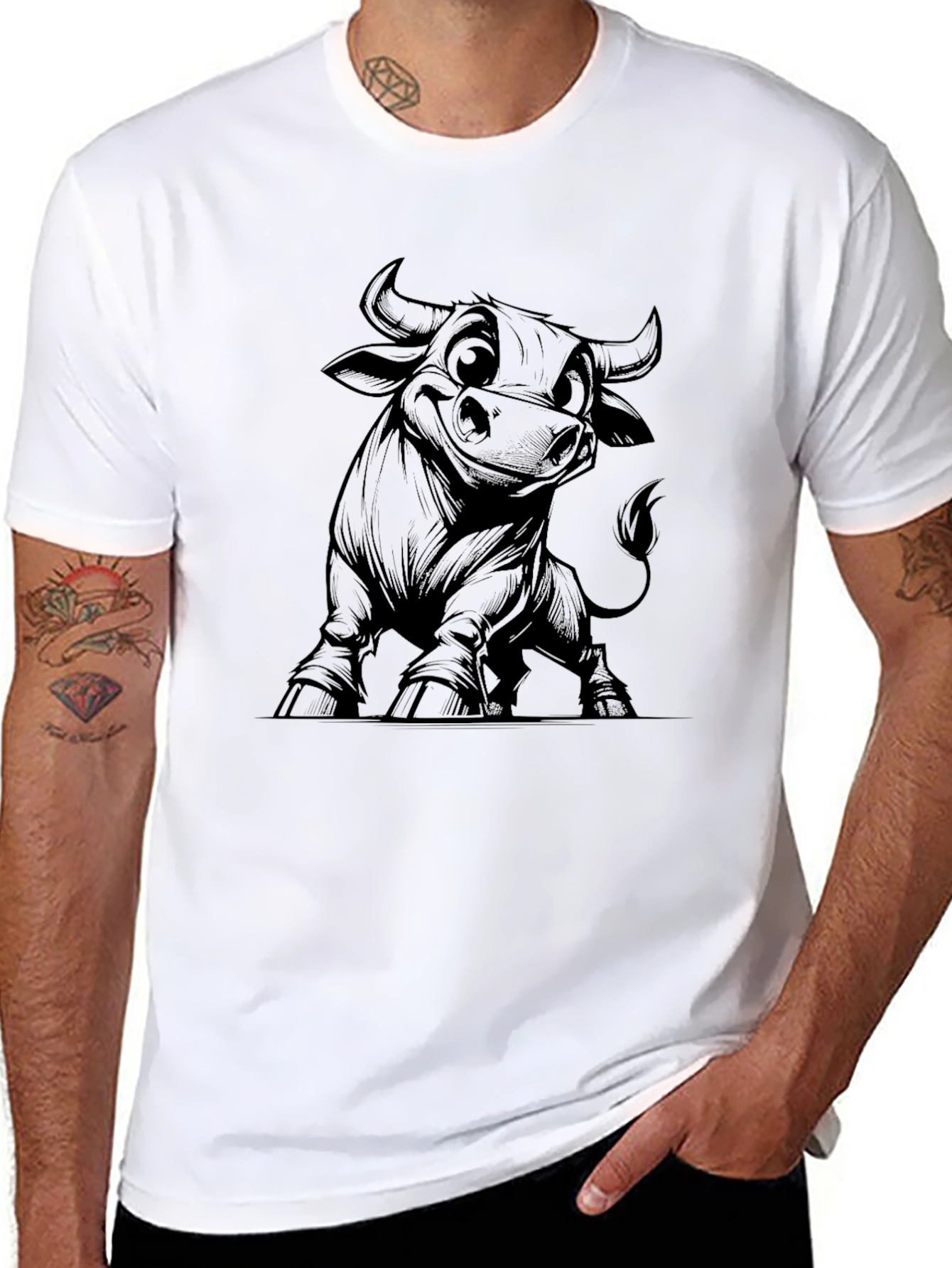 Bull Cartoon Graphic Black T-Shirt