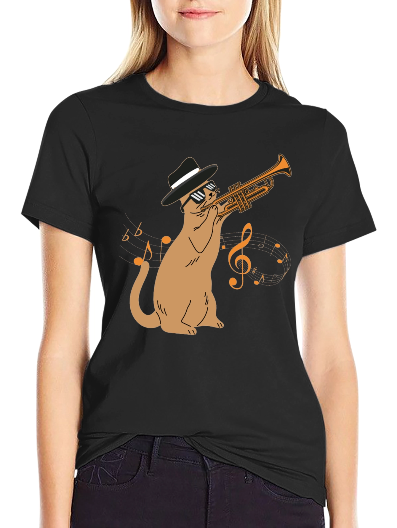 Cool Cat Trumpet Player T-Shirt - Black