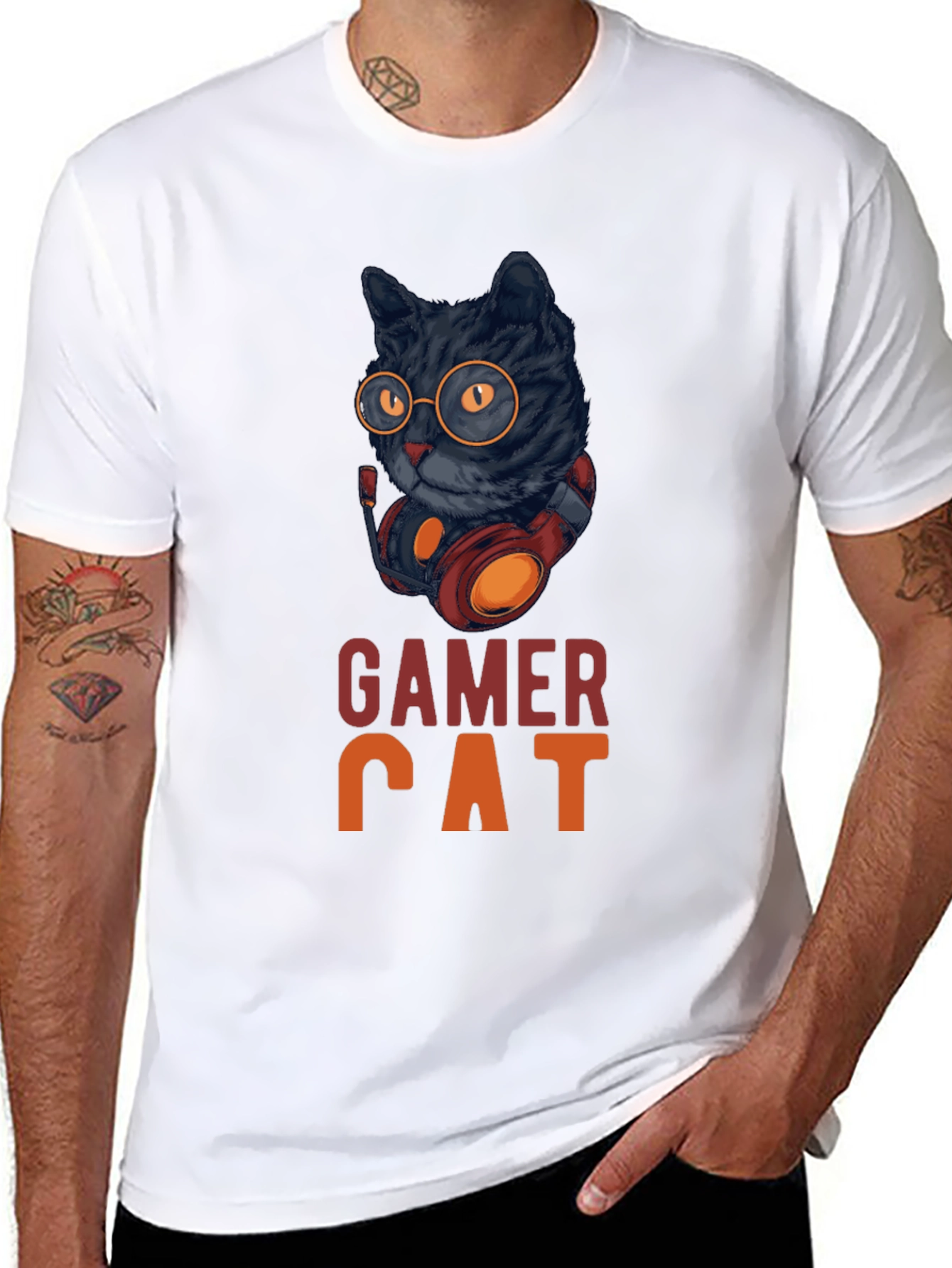 Gamer Cat Graphic Tee - Cool Cat With Headset