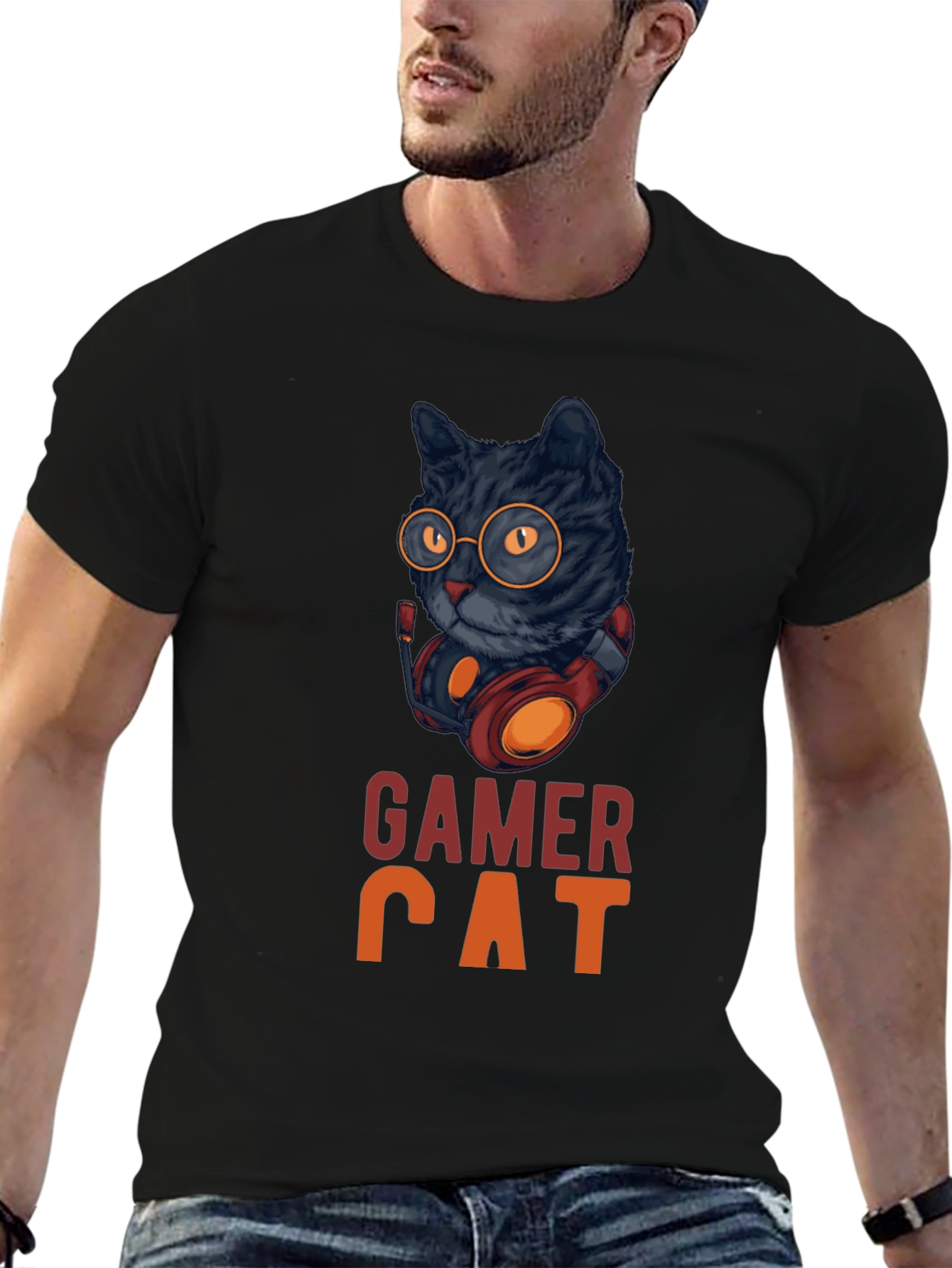 Gamer Cat Graphic Tee - Cool Cat With Headset
