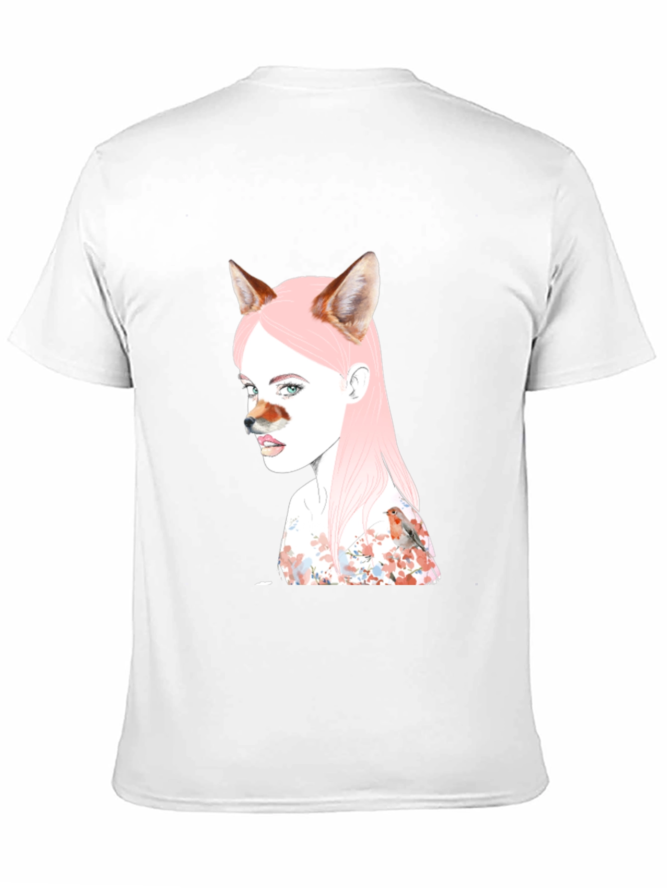 Artistic Fox Girl Print Black T-Shirt