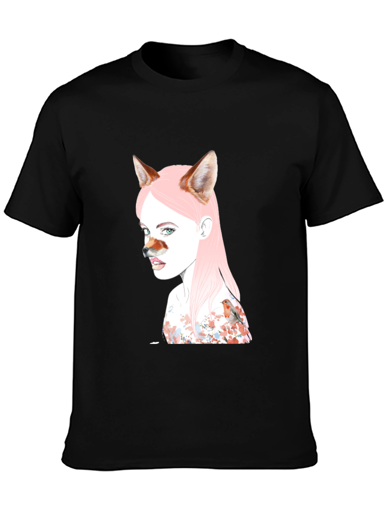 Artistic Fox Girl Print Black T-Shirt
