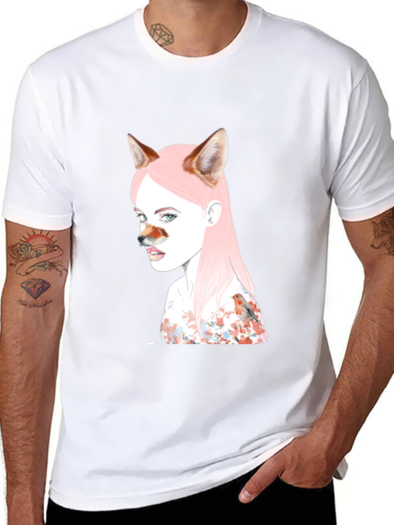 Artistic Fox Girl Print Black T-Shirt