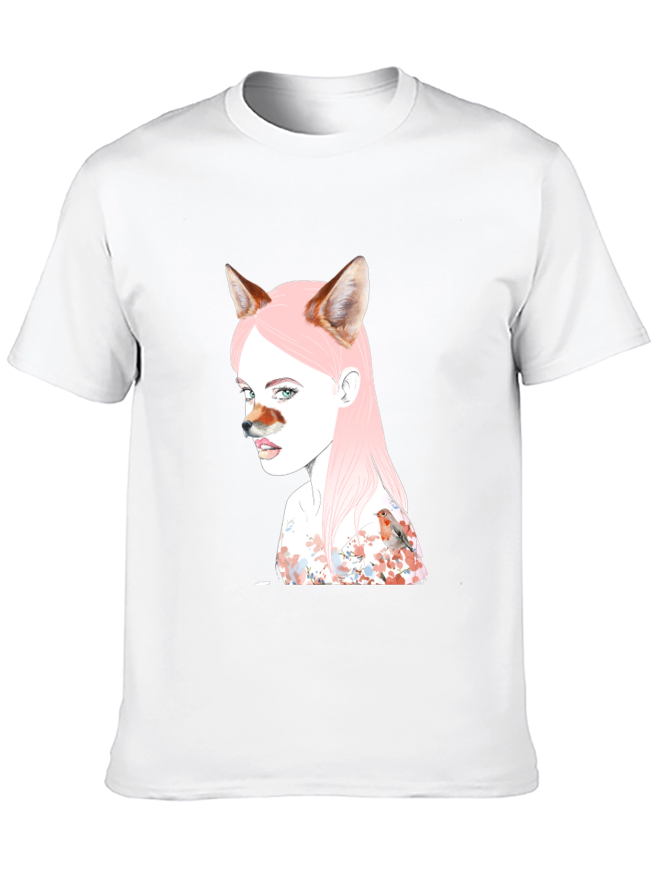 Artistic Fox Girl Print Black T-Shirt