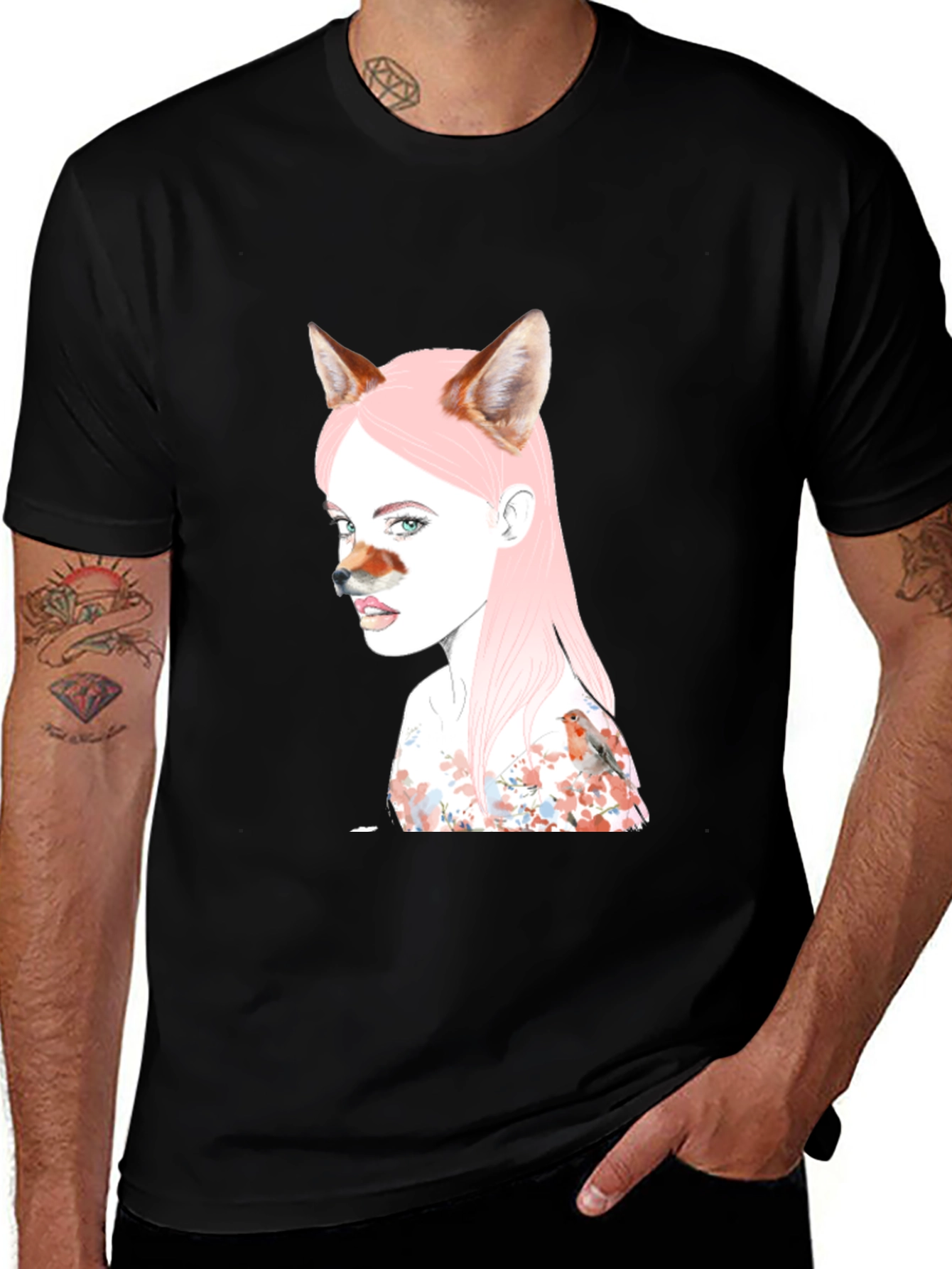 Artistic Fox Girl Print Black T-Shirt