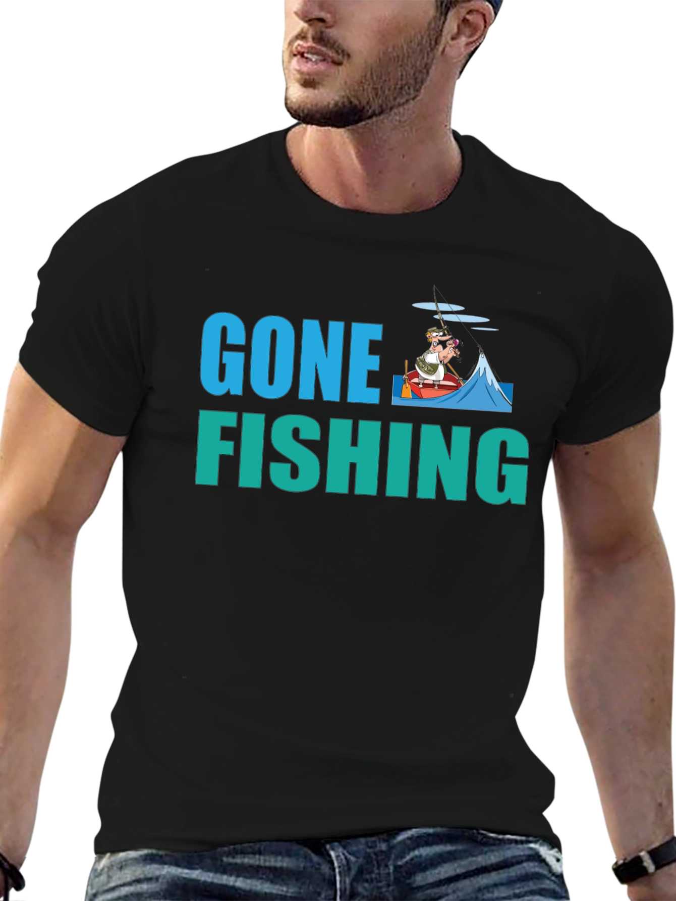 Gone Fishing Graphic Tee -  Black Cotton T-Shirt